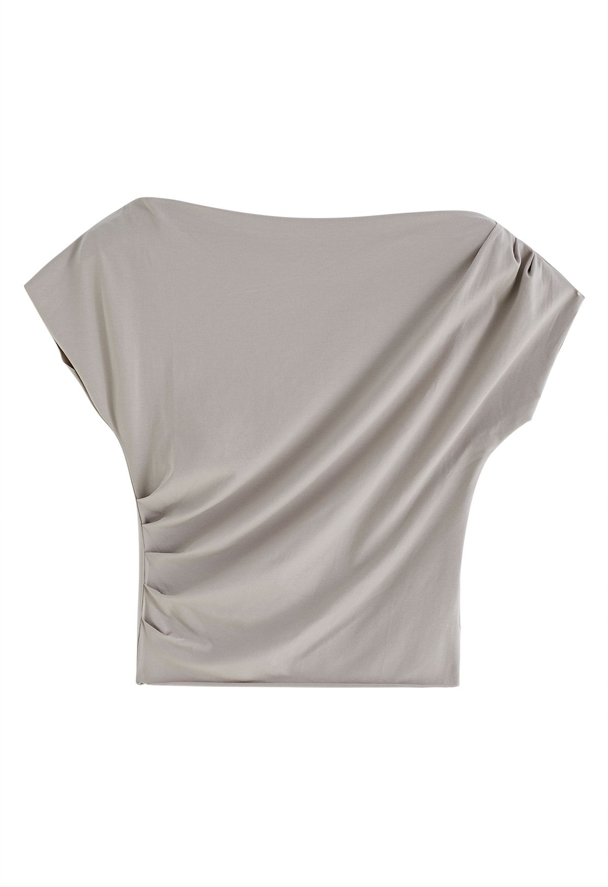 Asymmetric Boat Neck Ruched Top in Taupe