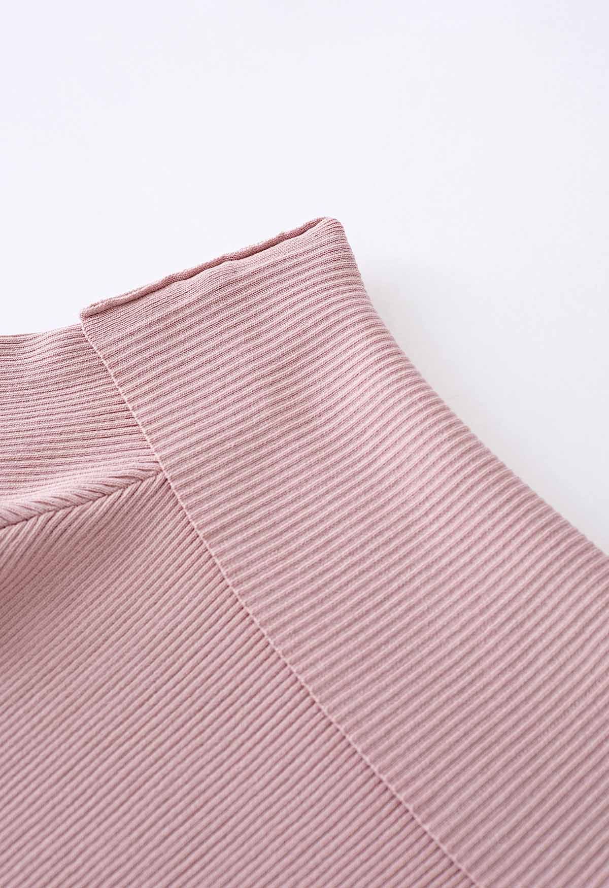 Folded Off-Shoulder Short-Sleeve Knit Top in Pink