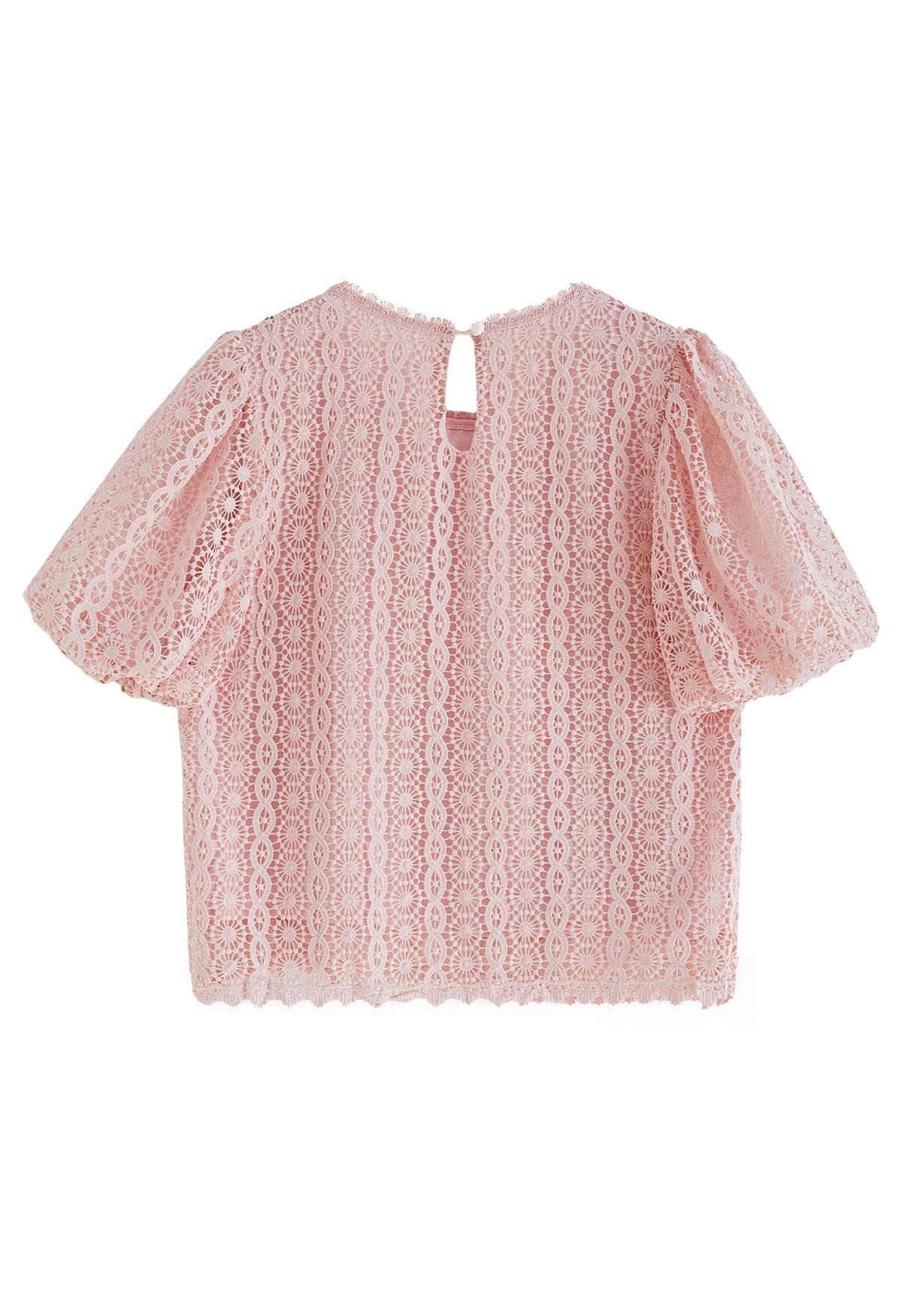 Full Crochet Bubble Short Sleeves Top in Pink