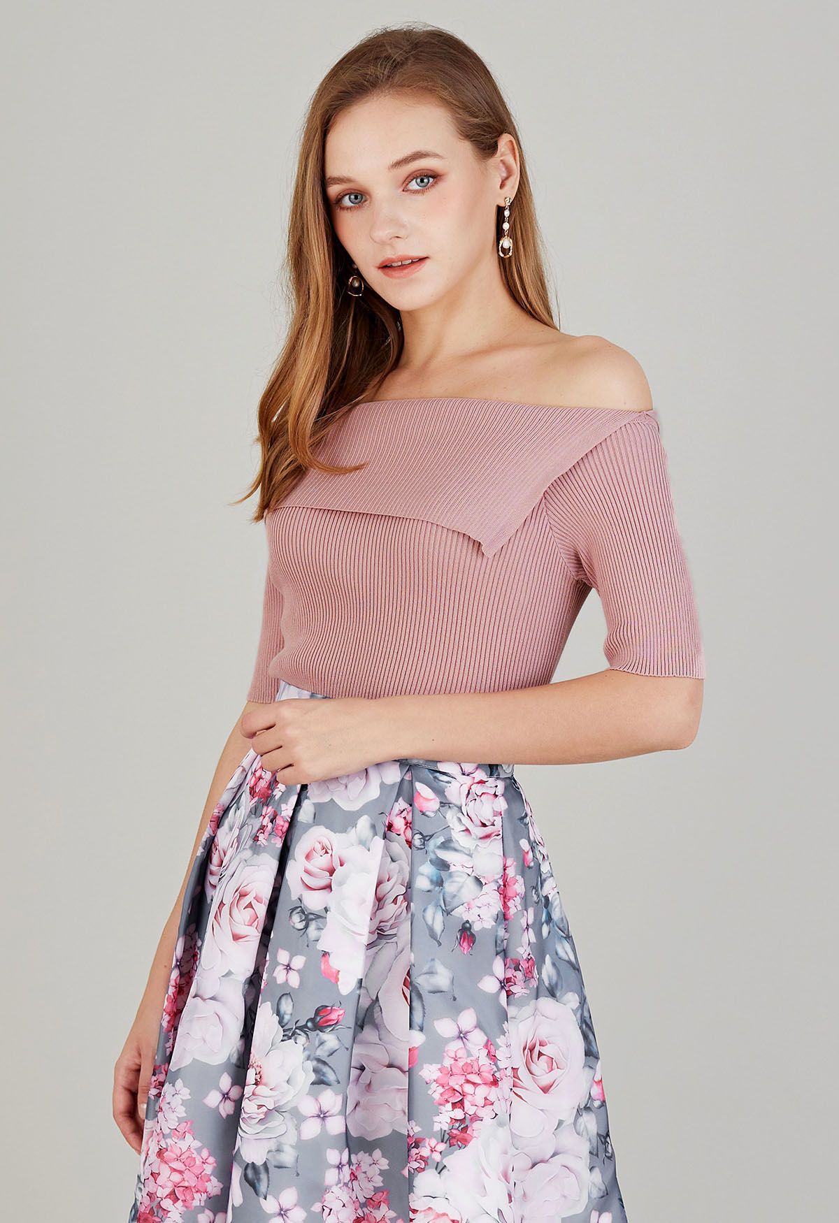 Folded Off-Shoulder Short-Sleeve Knit Top in Pink