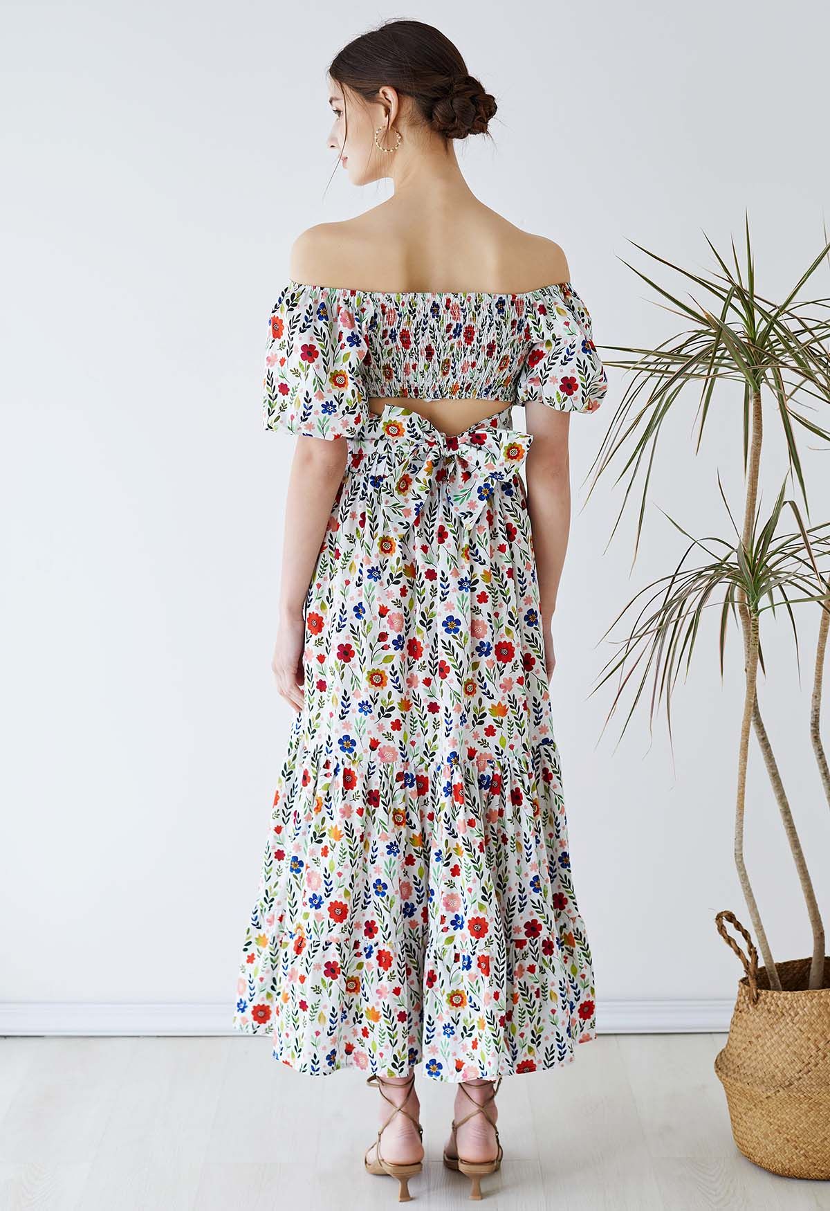 Off-Shoulder Bowknot Crop Top and Flare Skirt Set in Floret Print