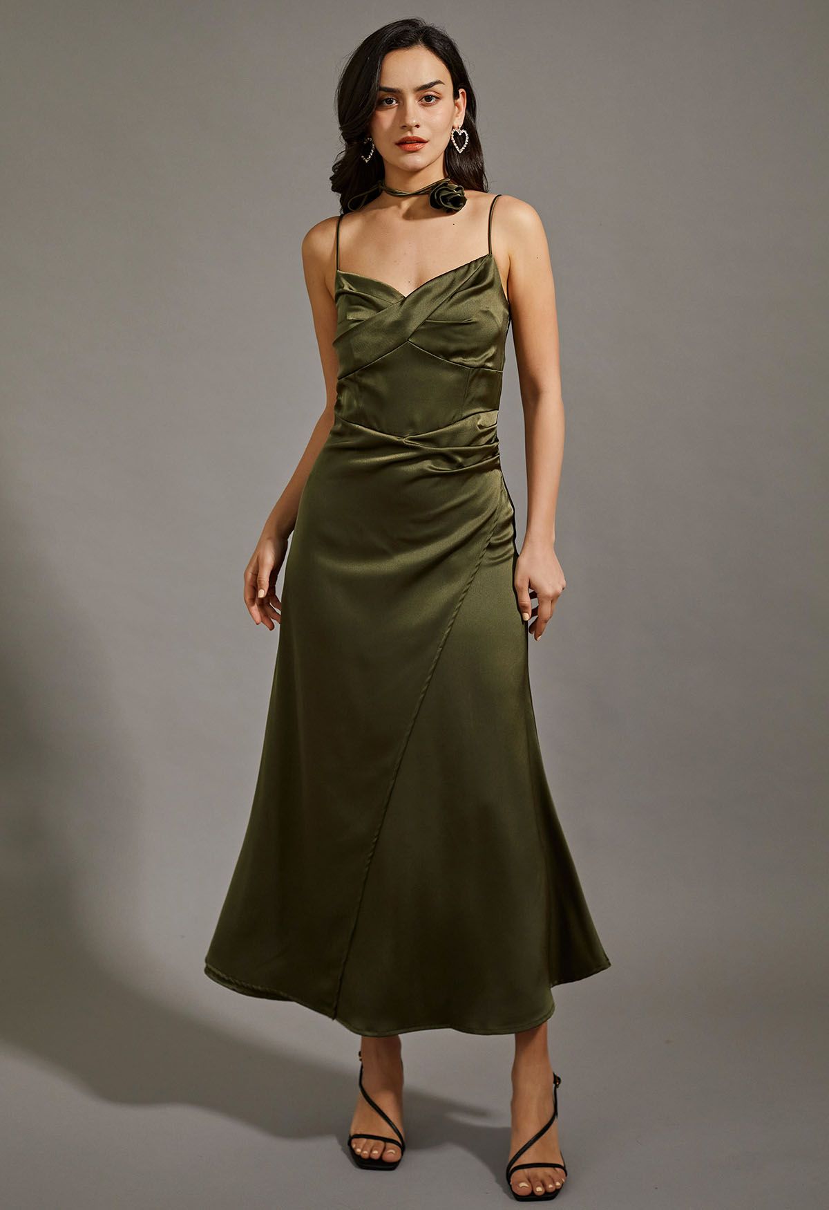 Floral Choker Satin Cami Maxi Dress in Olive