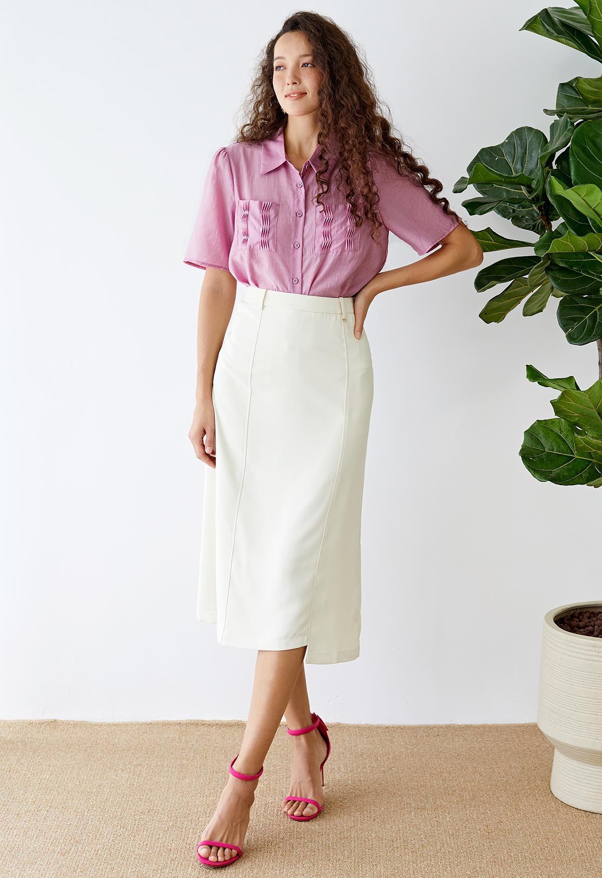 Irregular Hem Seam Detailing Midi Skirt in Ivory