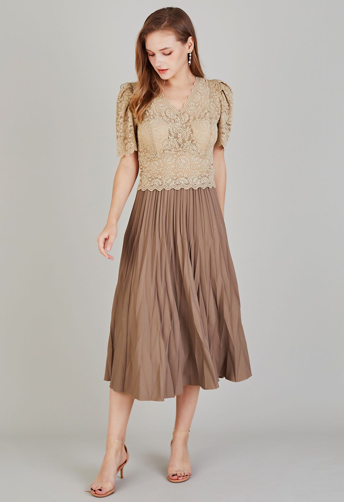Irregular Pleated Midi Skirt in Brown