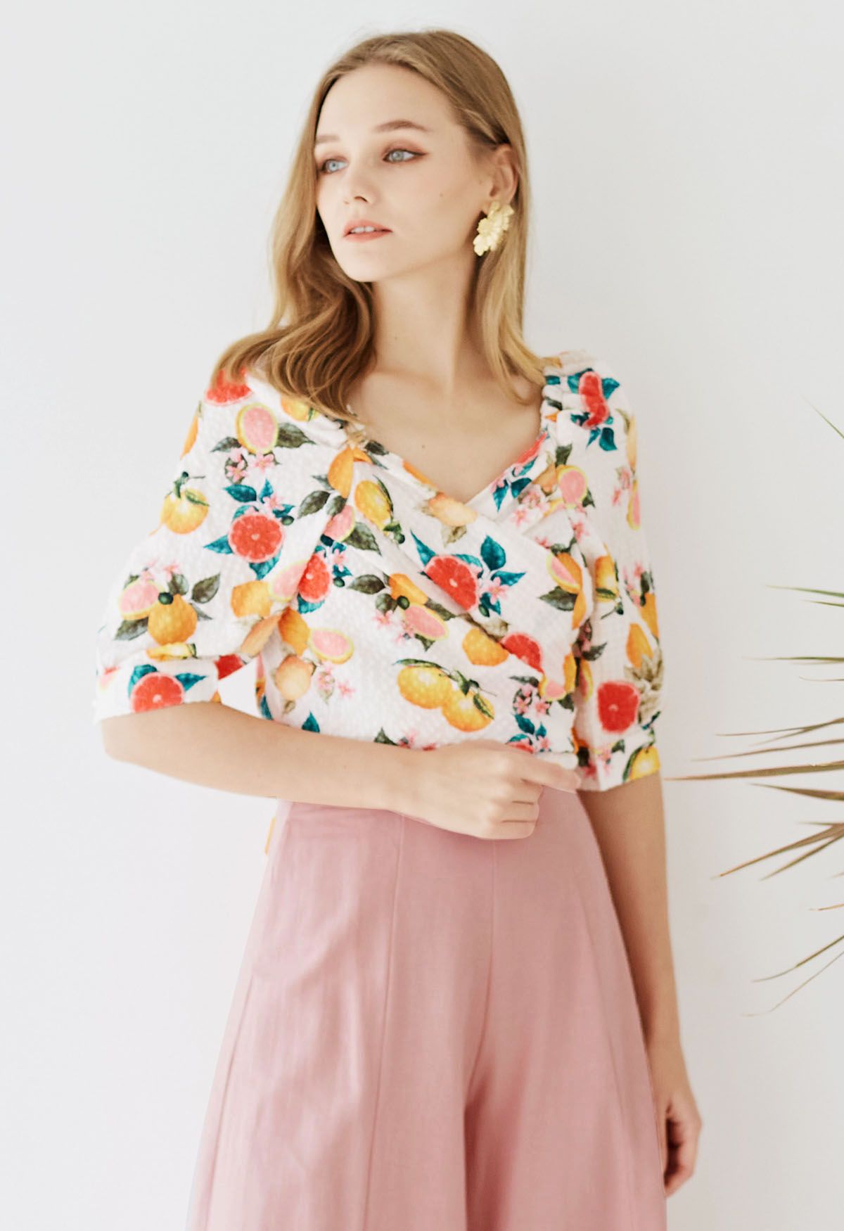 Grapefruit Print Embossed Wrap Crop Top