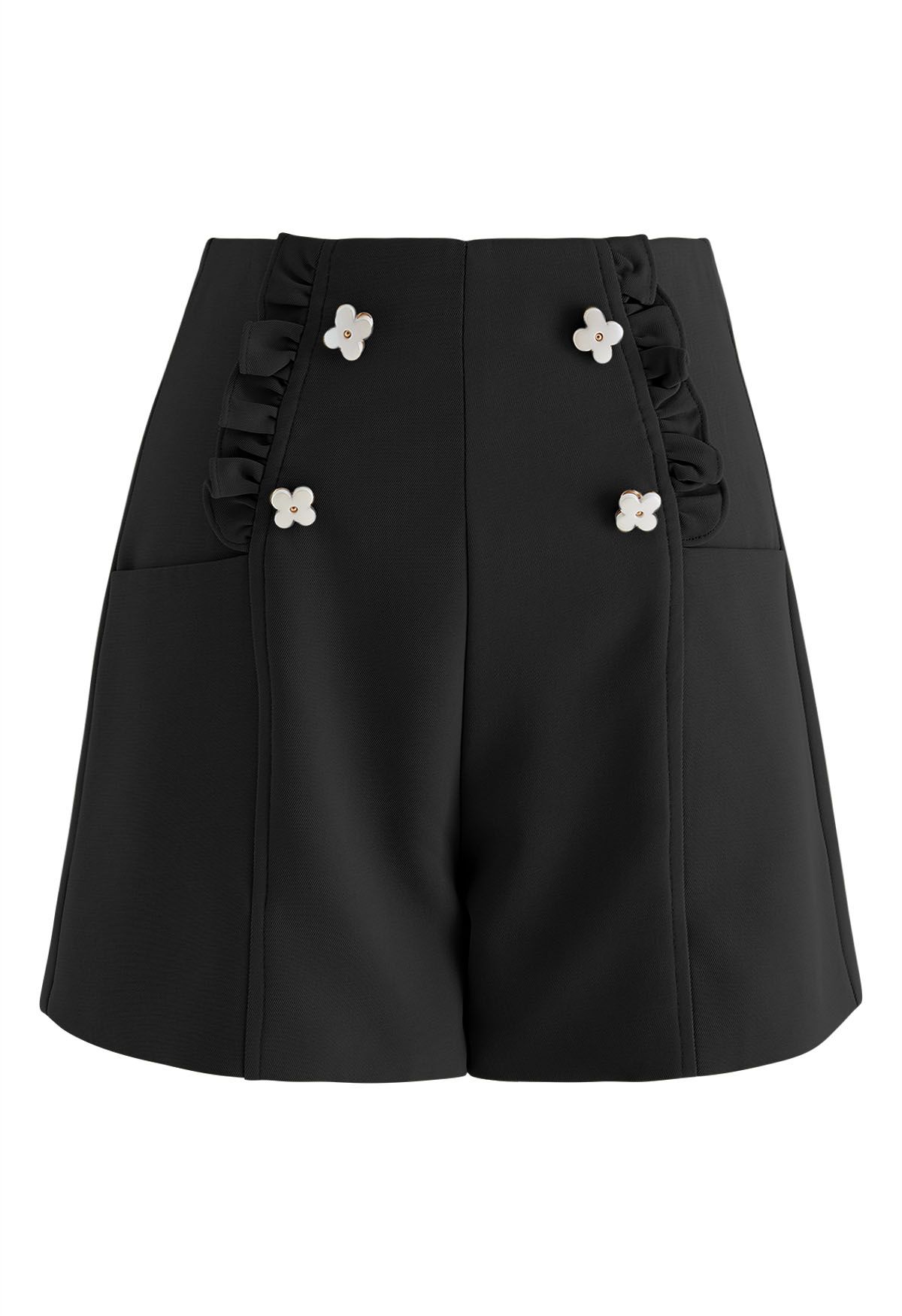 Adorable Flower Ruffle Trim Shorts in Black