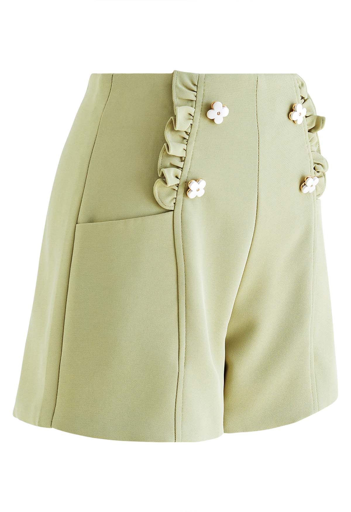 Adorable Flower Ruffle Trim Shorts in Pea Green