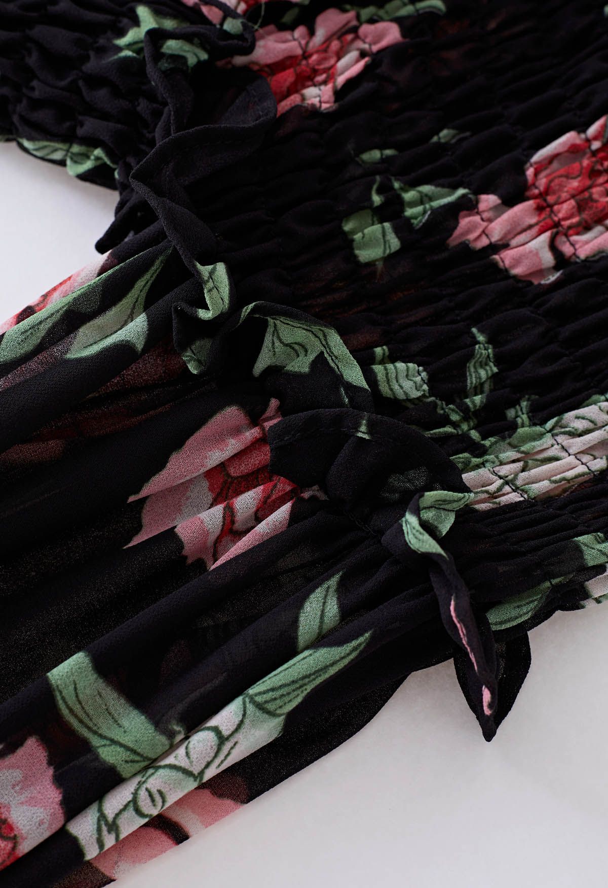 Ruffle Cross Off-Shoulder Floral Crop Top in Black