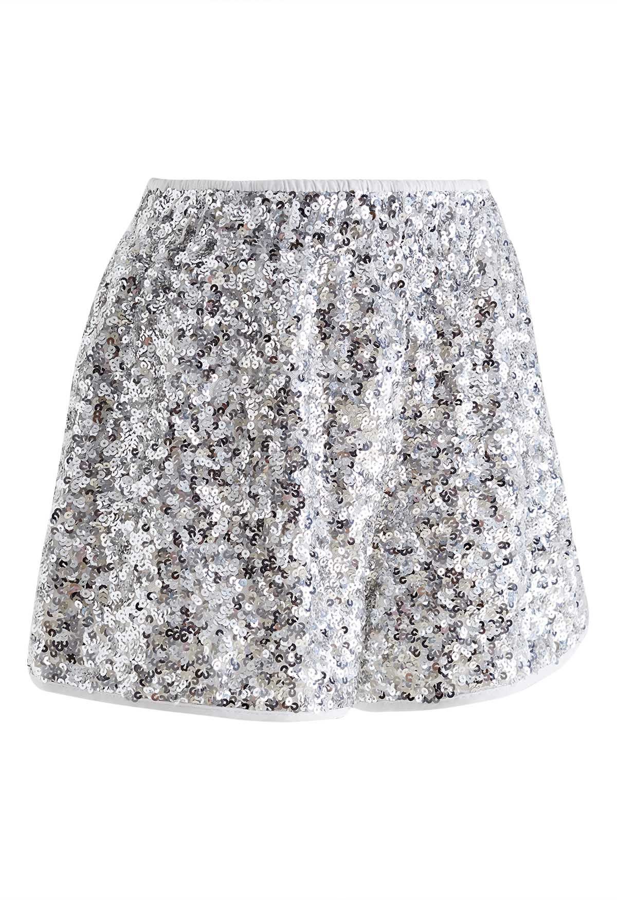 Full Sequins Embellished Shorts in Silver