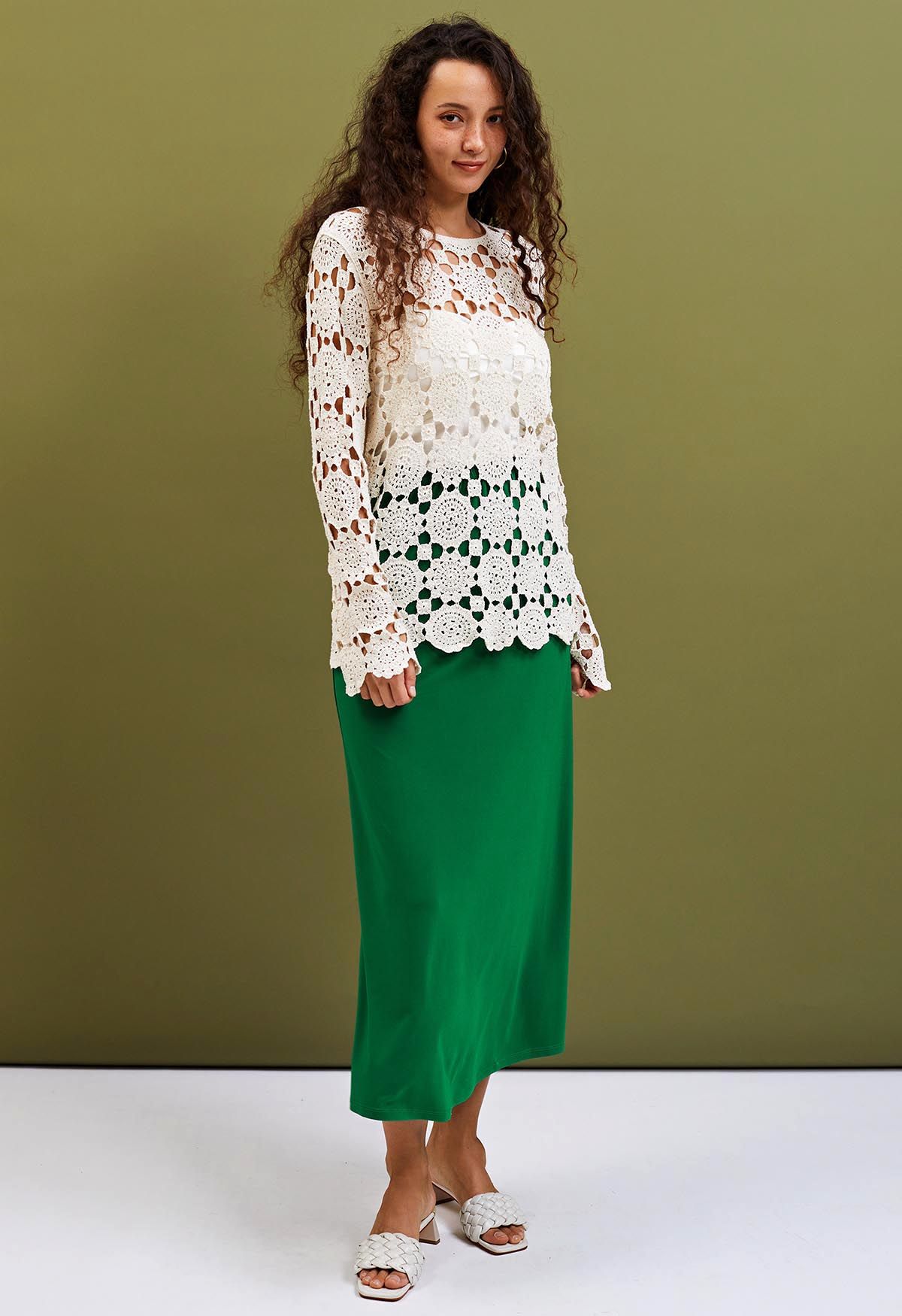 Relaxed Floral and Check Crochet Top in White