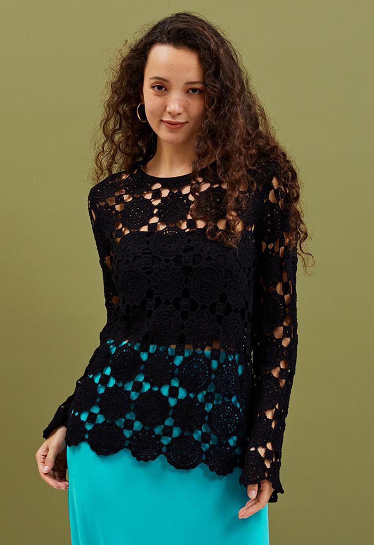 Relaxed Floral and Check Crochet Top in Black
