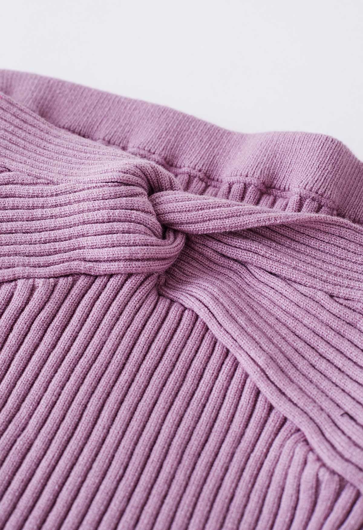 Twist Front Ribbed Knit Tube Crop Top in Lilac