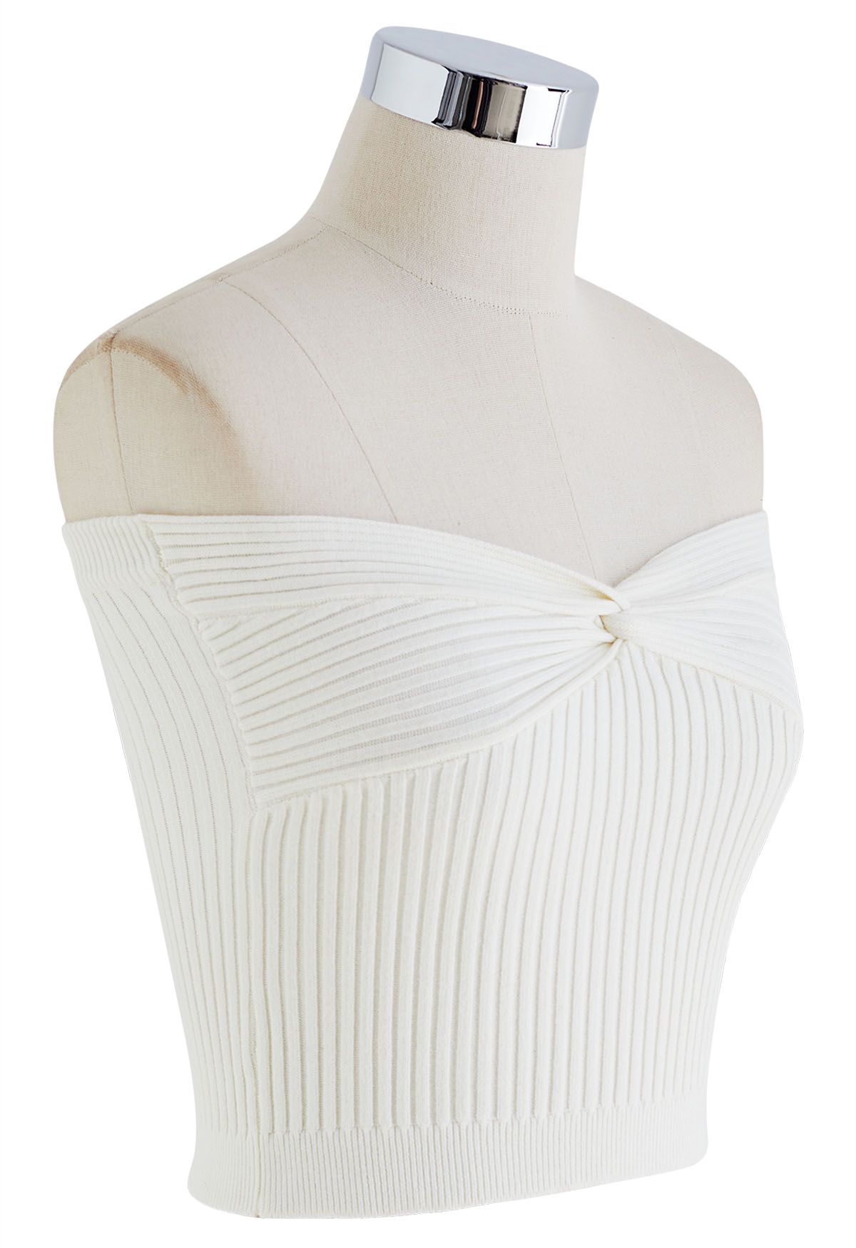 Twist Front Ribbed Knit Tube Crop Top in White