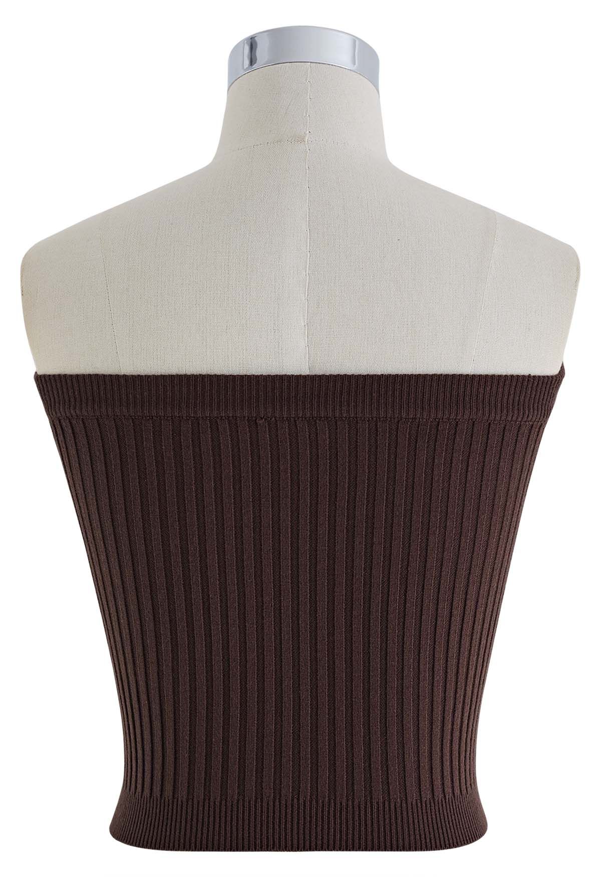 Twist Front Ribbed Knit Tube Crop Top in Brown