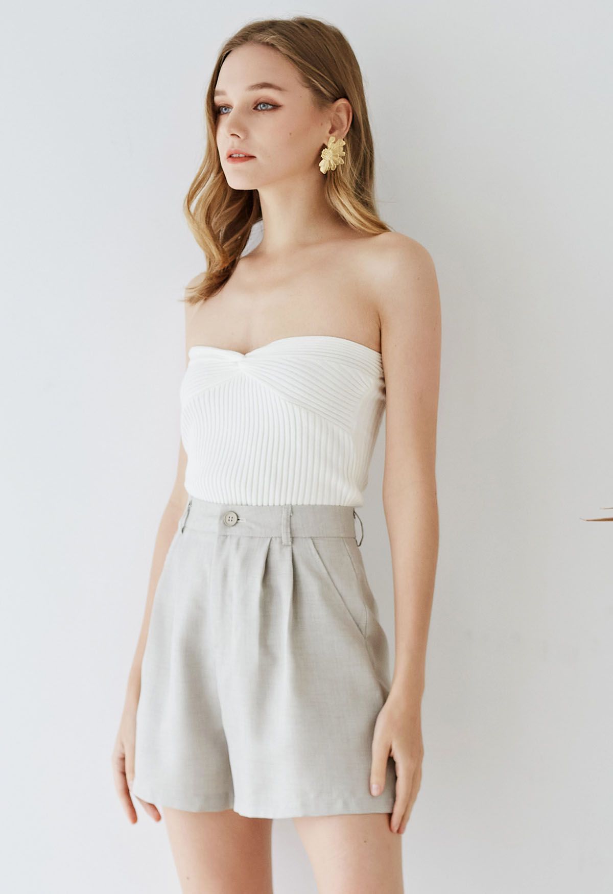 Twist Front Ribbed Knit Tube Crop Top in White