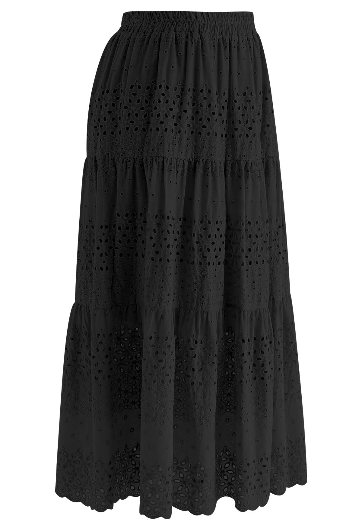 Floret Embroidered Eyelet Cotton Midi Skirt in Black