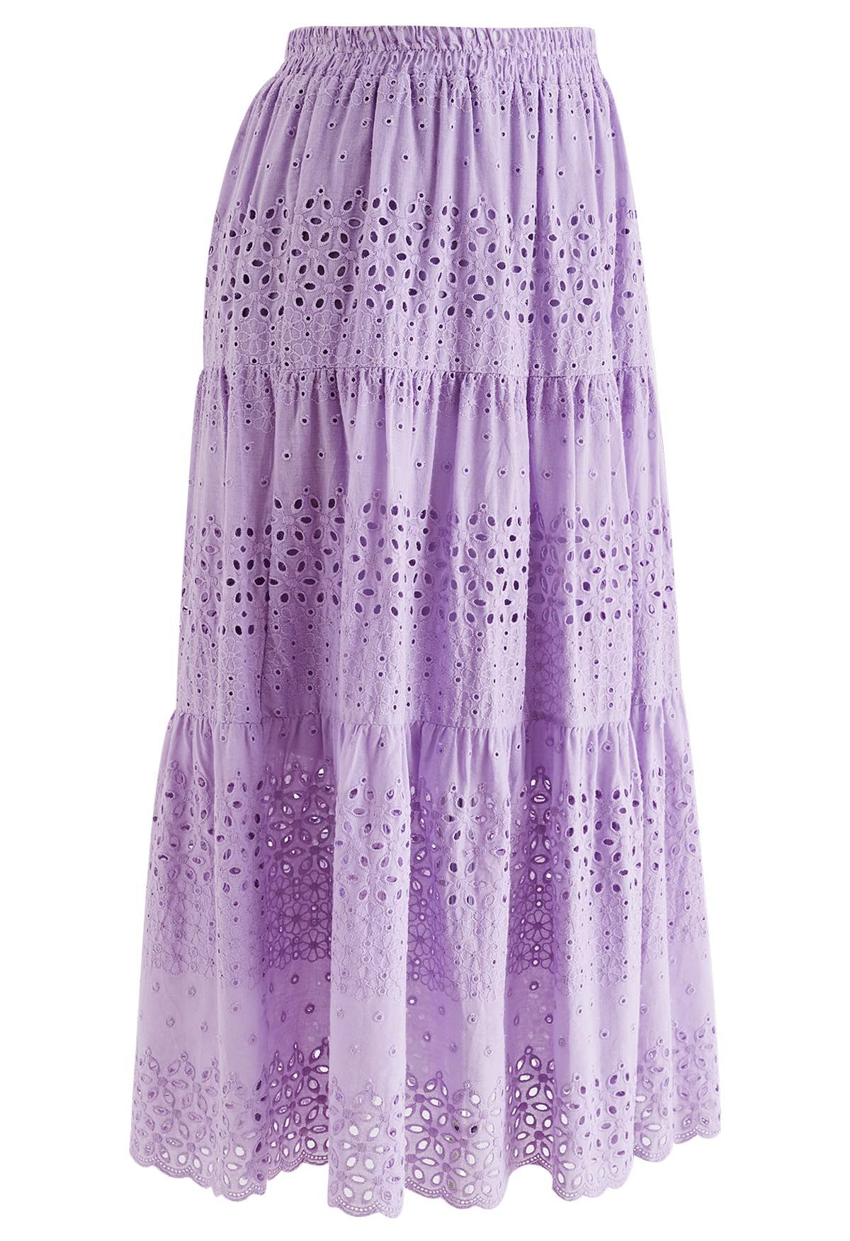 Floret Embroidered Eyelet Cotton Midi Skirt in Lilac