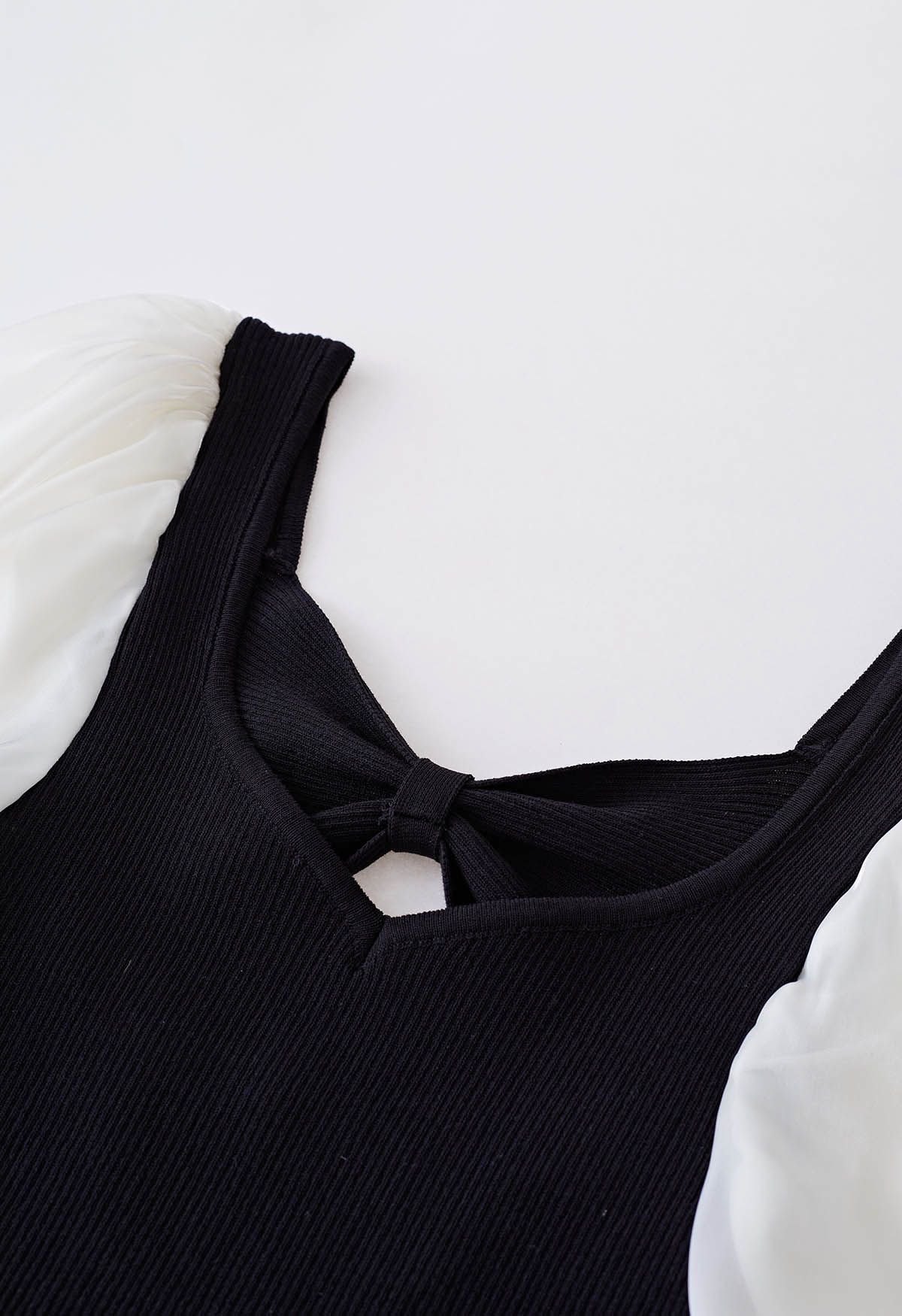 Bowknot Cutout Back Spliced Knit Top in Black