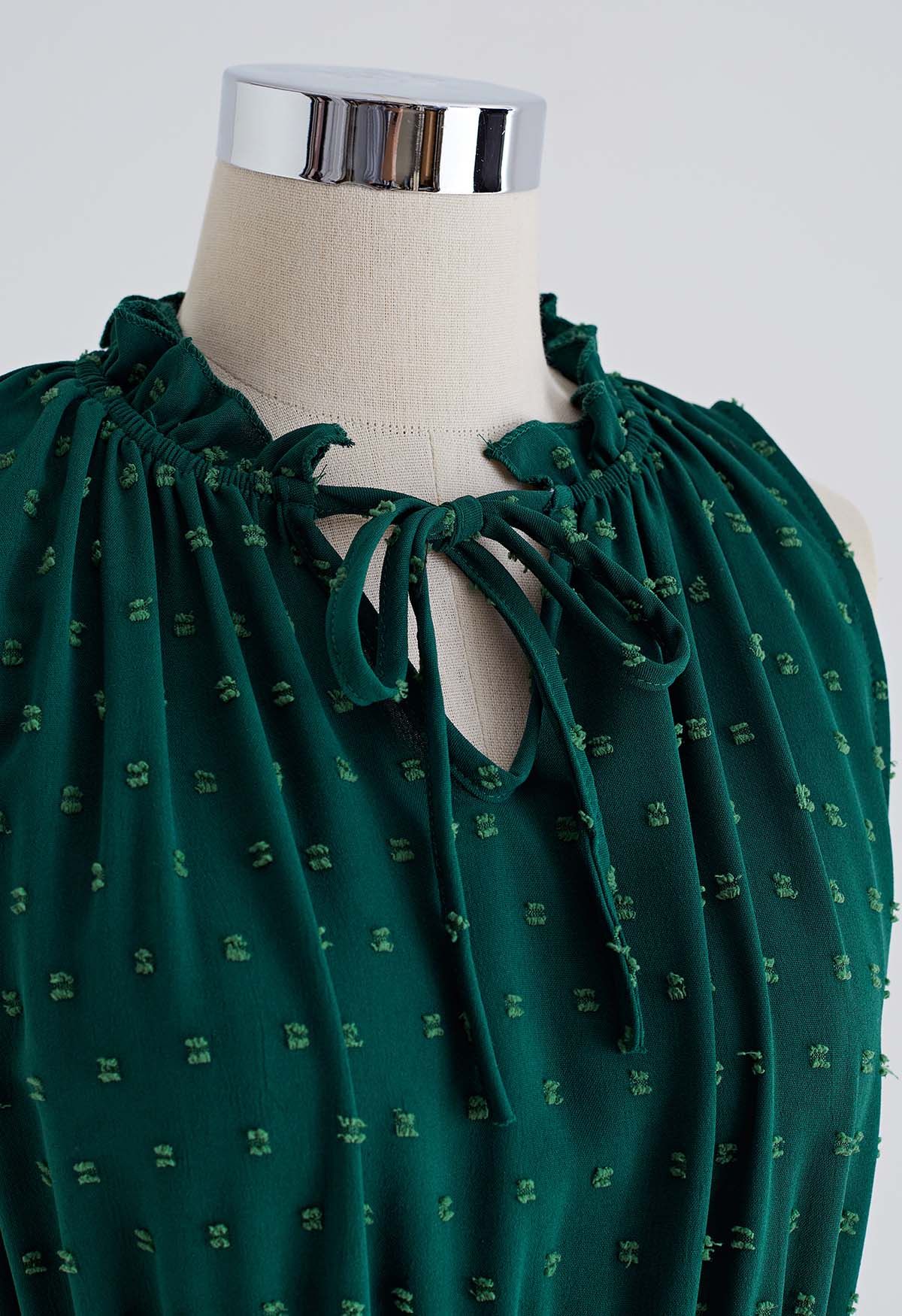 Tie-Neck Flock Dot Pleated Dress in Dark Green