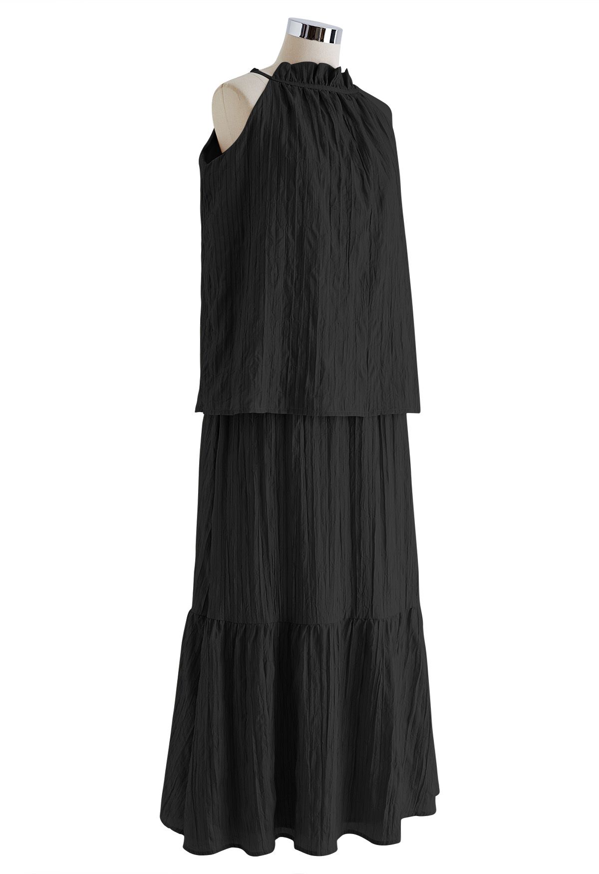 Striped Halter Top and Frilling Maxi Skirt Set in Black