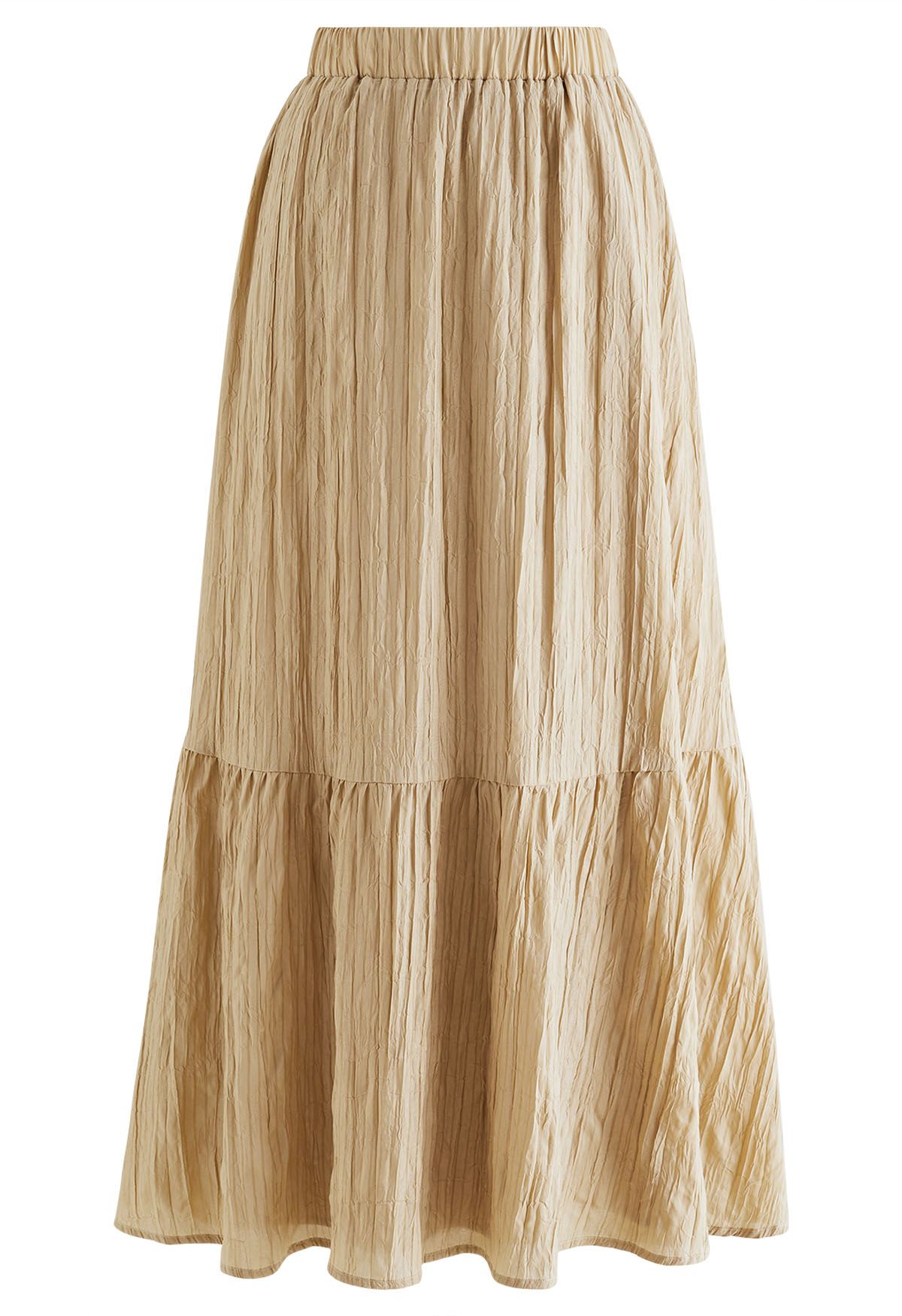 Striped Halter Top and Frilling Maxi Skirt Set in Light Tan