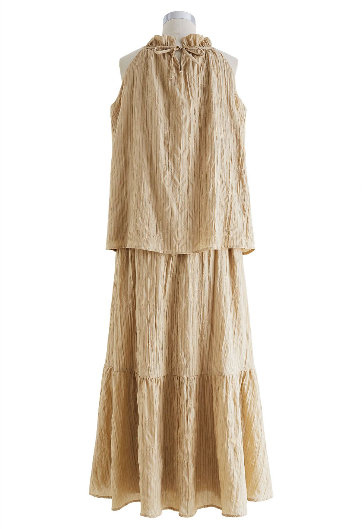 Striped Halter Top and Frilling Maxi Skirt Set in Light Tan