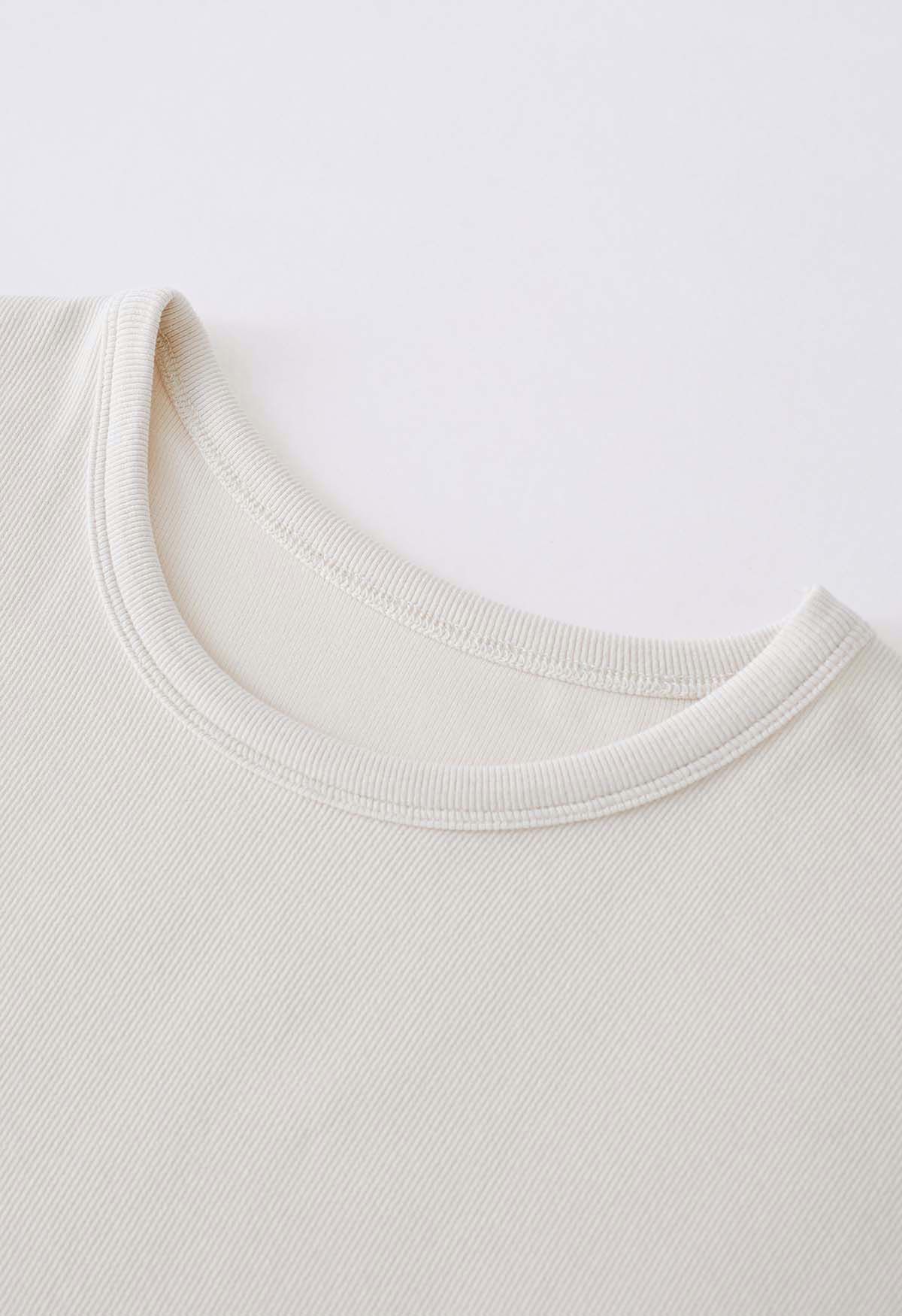 Elegant Crew Neck Cotton Crop Top in Cream