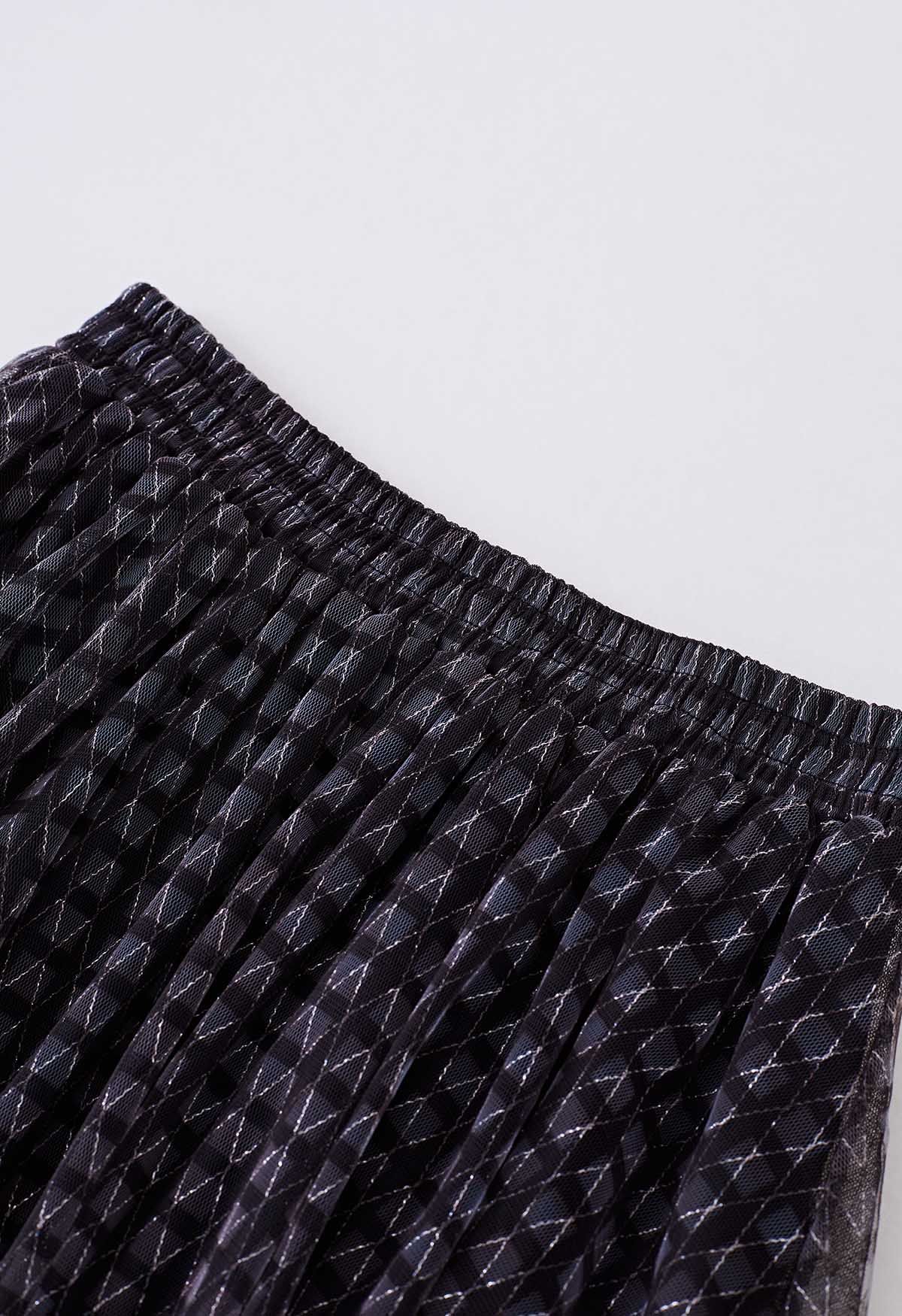 Metallic Thread Diamond-Shape Mesh Tulle Skirt in Black