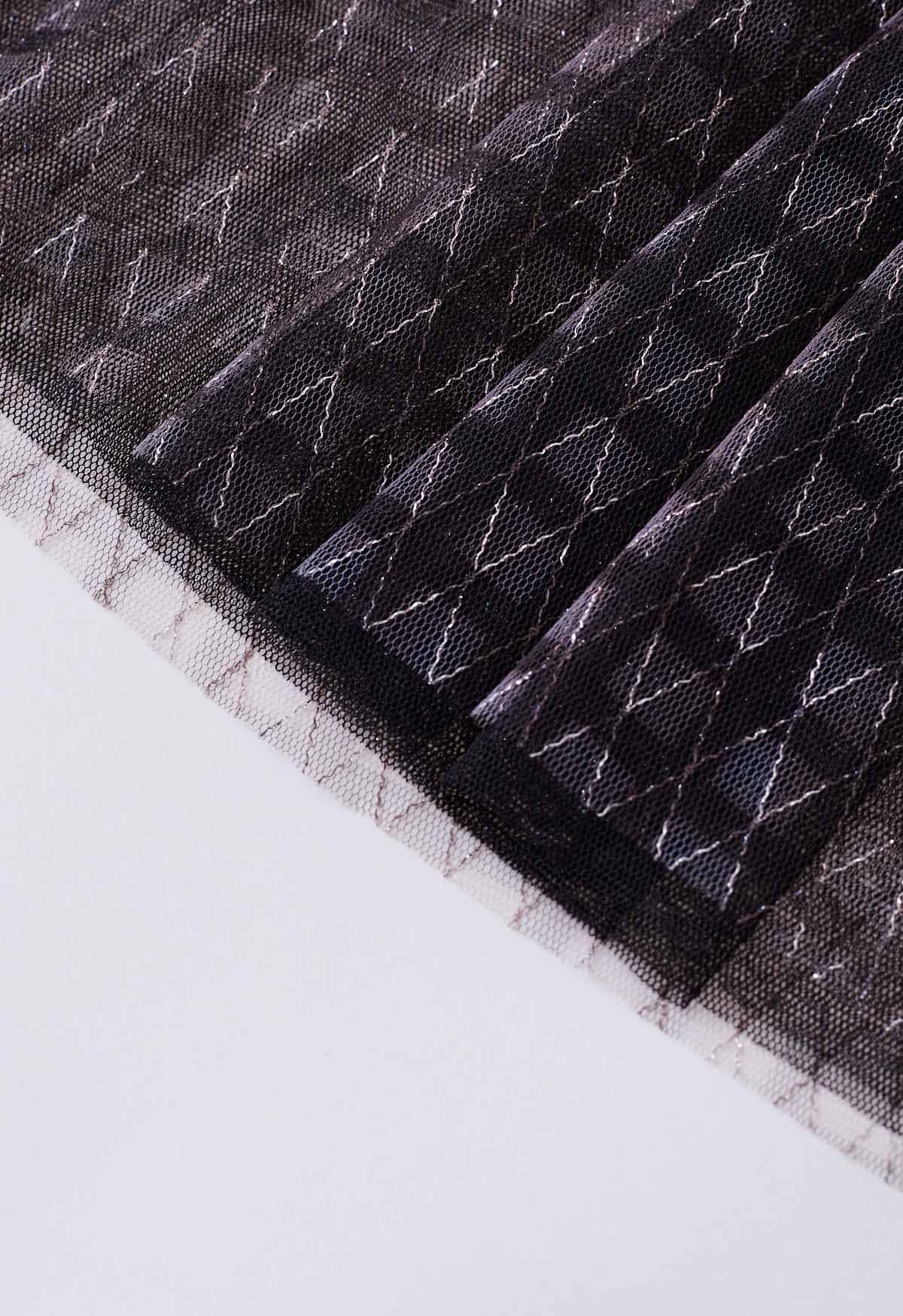Metallic Thread Diamond-Shape Mesh Tulle Skirt in Black