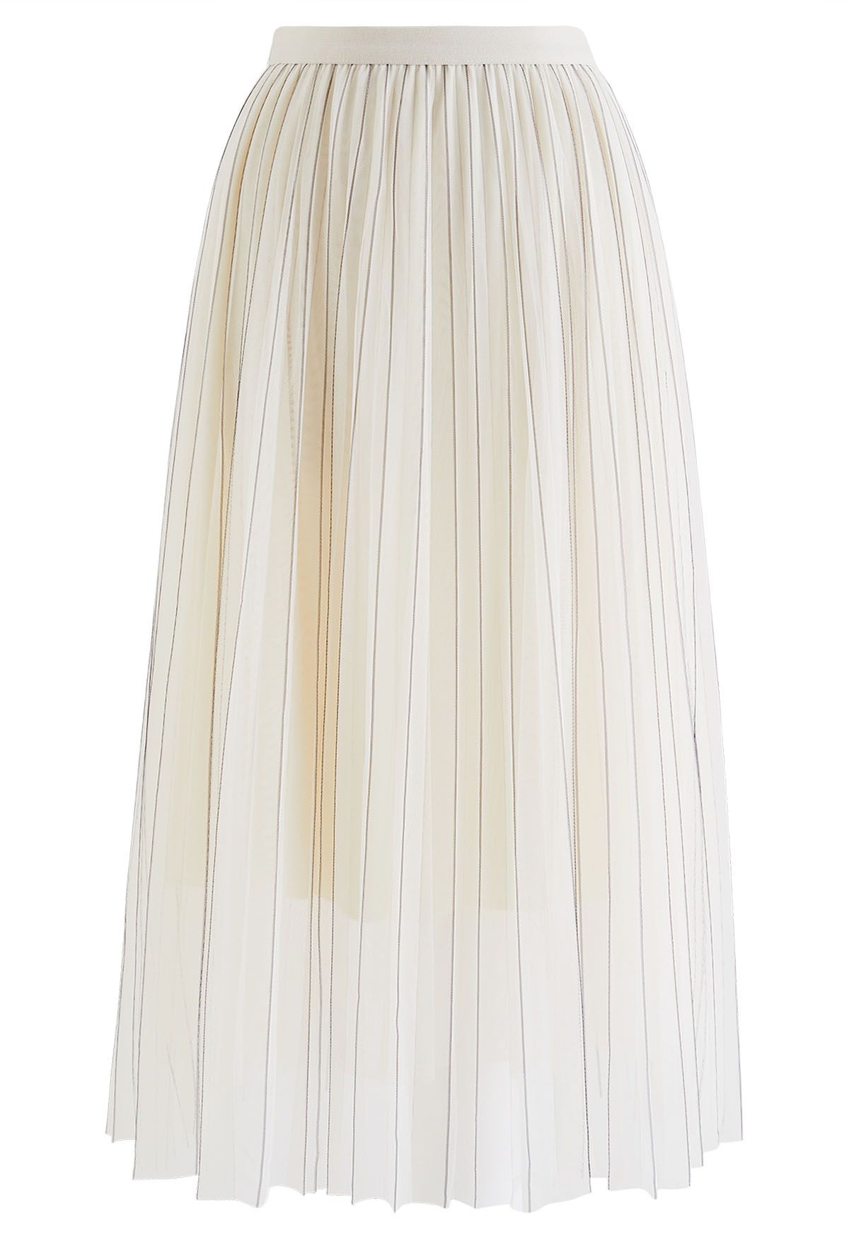 Contrast Lines Pleated Mesh Tulle Midi Skirt in Cream