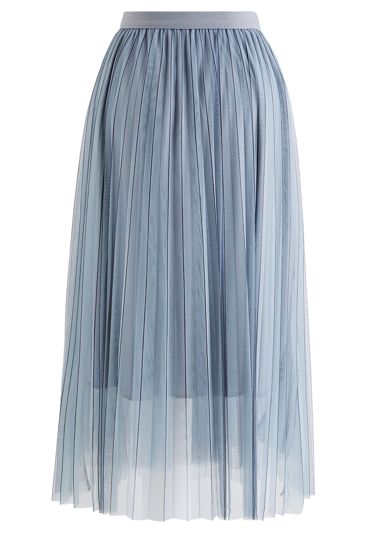 Contrast Lines Pleated Mesh Tulle Midi Skirt in Dusty Blue