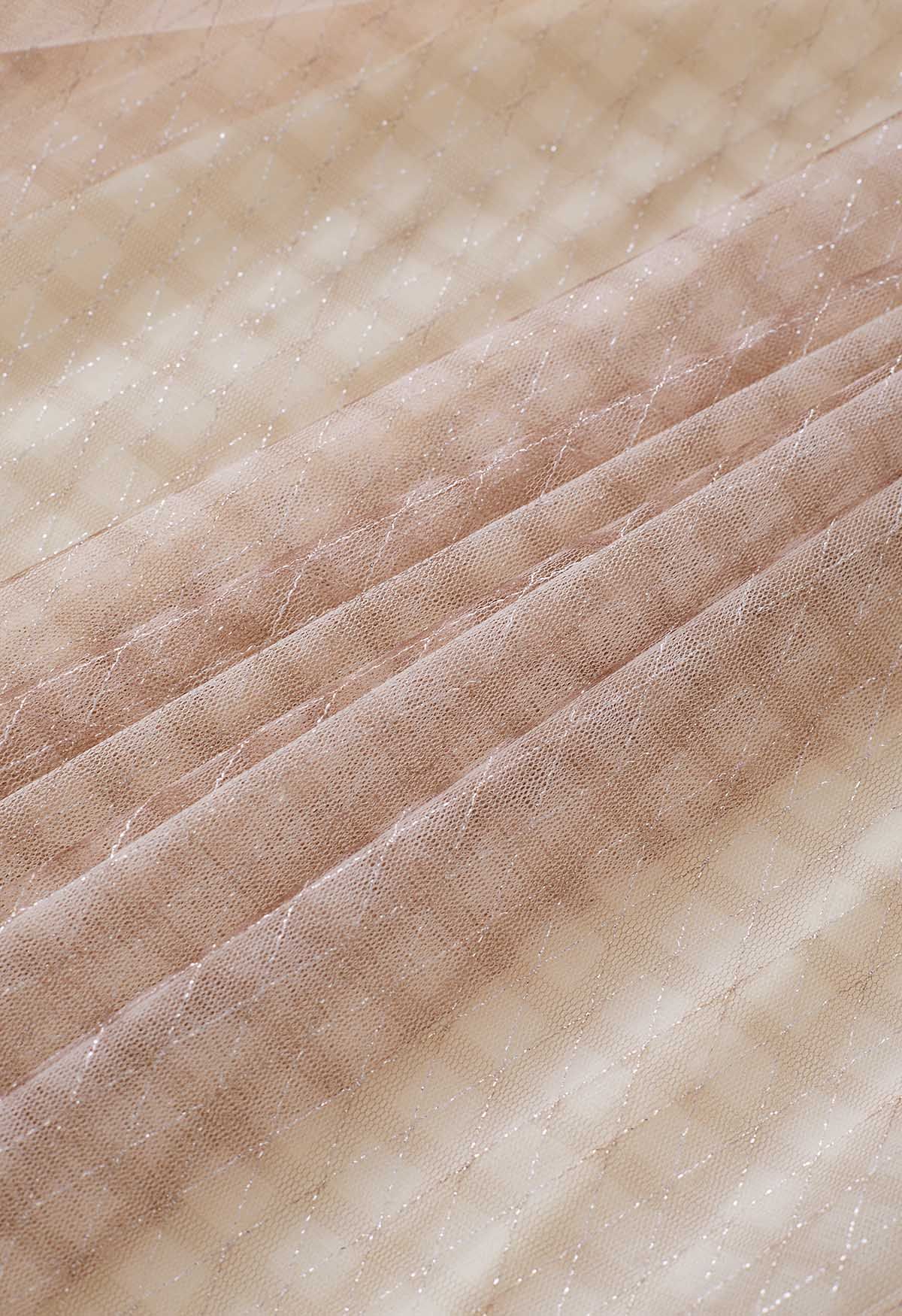 Metallic Thread Diamond-Shape Mesh Tulle Skirt in Tan