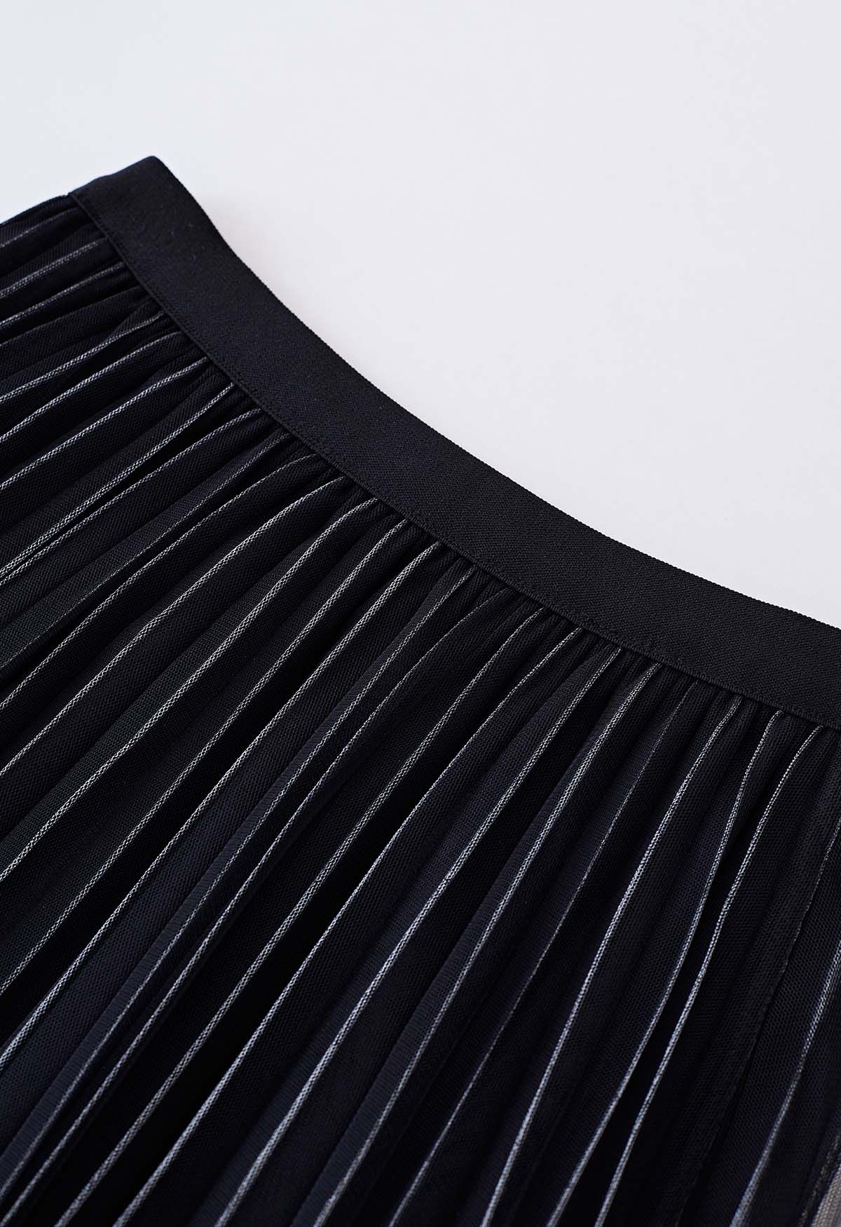 Contrast Lines Pleated Mesh Tulle Midi Skirt in Black