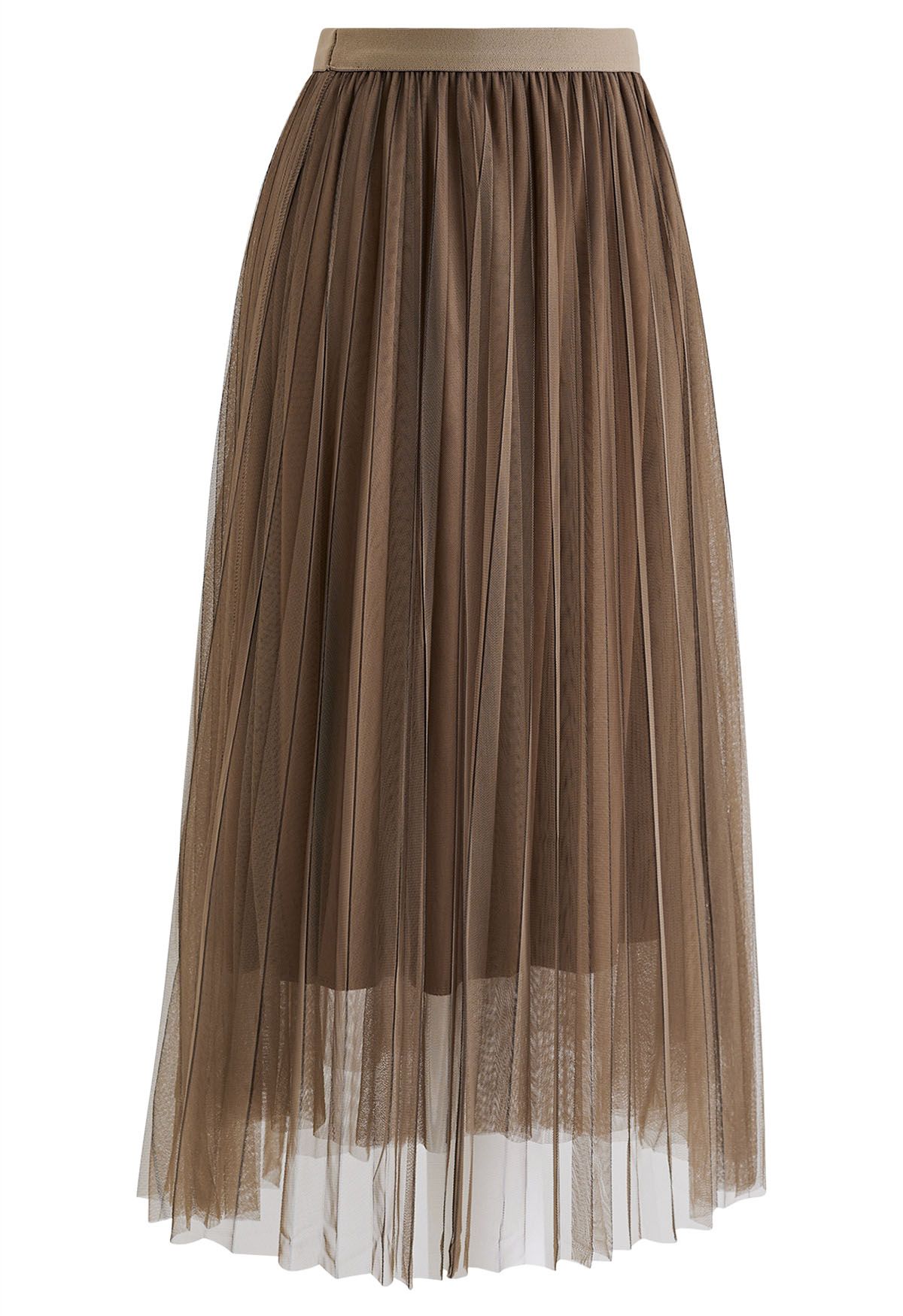 Contrast Lines Pleated Mesh Tulle Midi Skirt in Brown