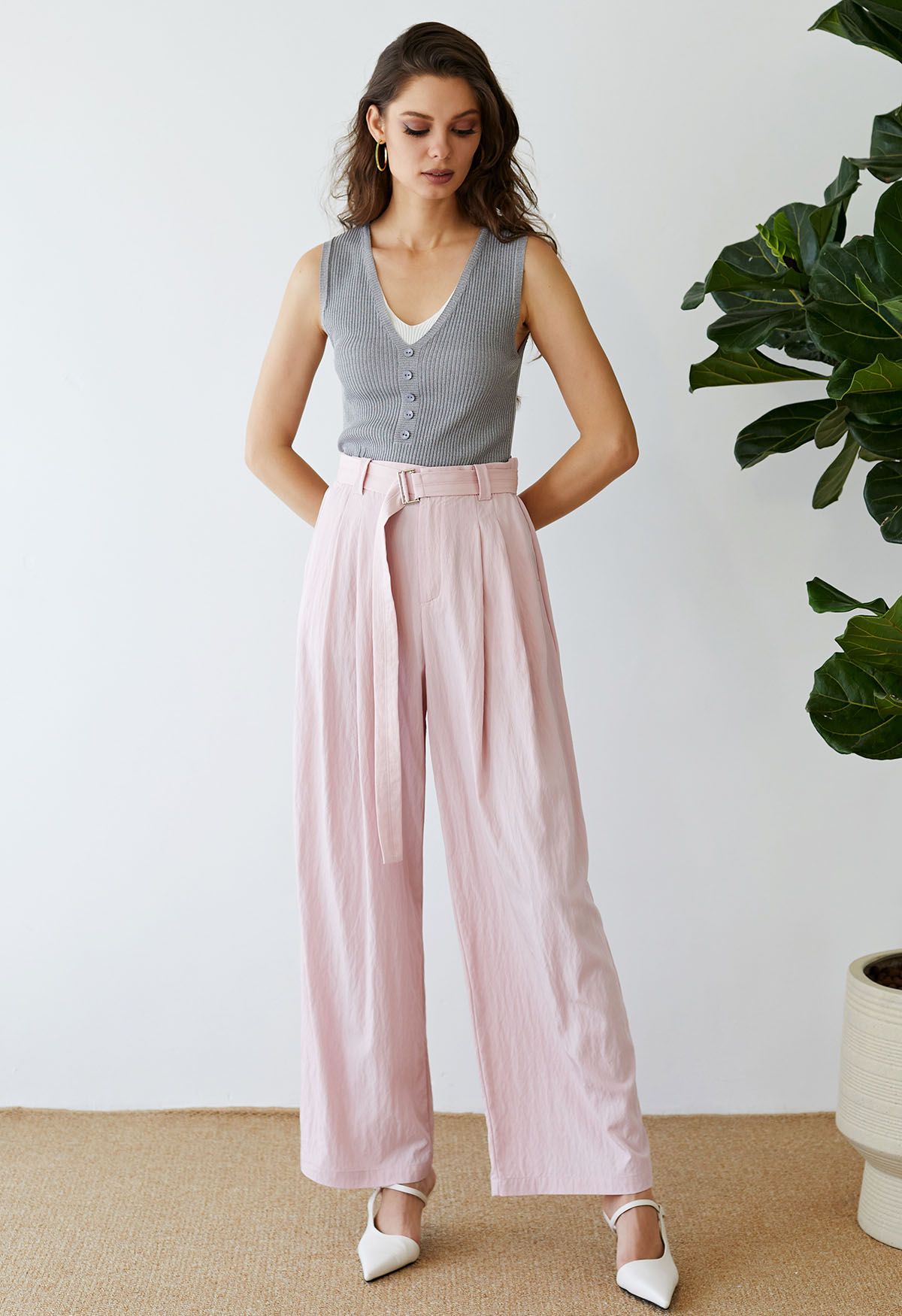 Drape Belt Side Pocket Straight-Leg Pants in Pink