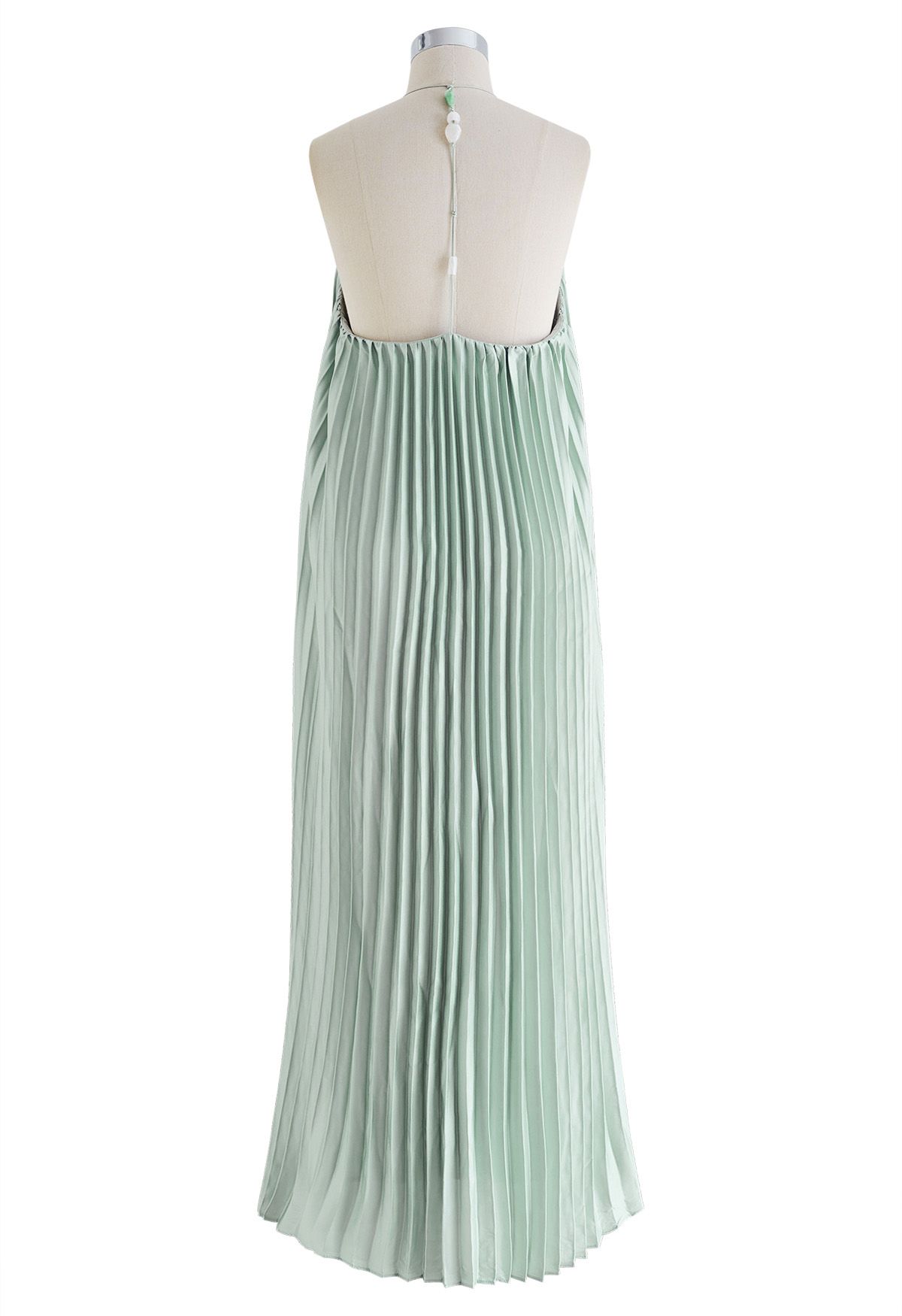 Halter Neck Backless Pleated Maxi Dress in Pea Green