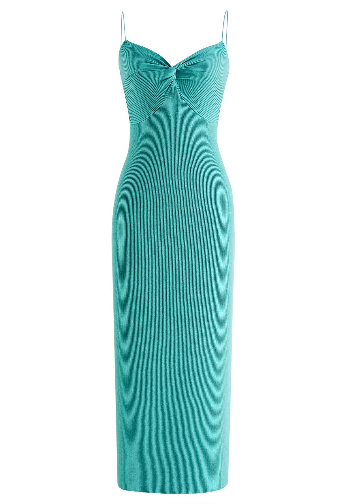 Twist Front Bodycon Knit Cami Dress in Turquoise