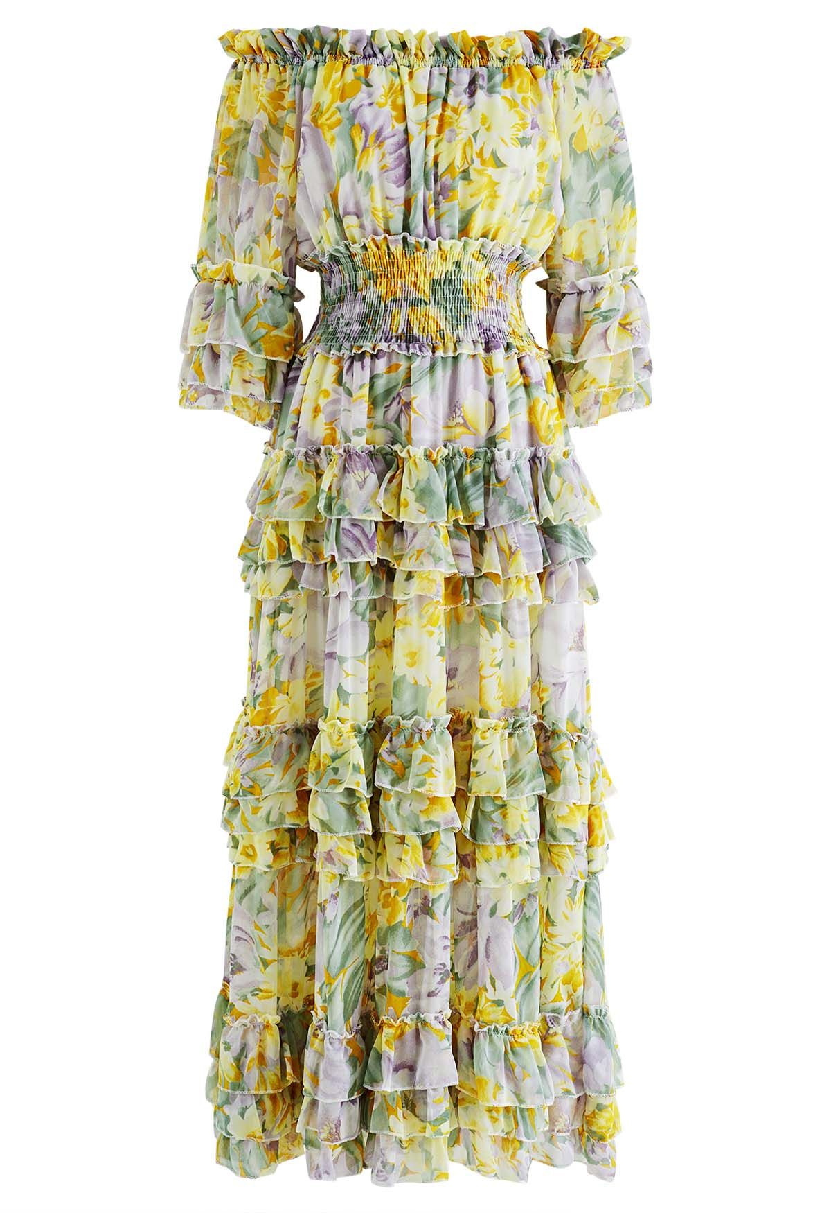 Tiered Ruffle Floral Off-Shoulder Chiffon Maxi Dress in Yellow