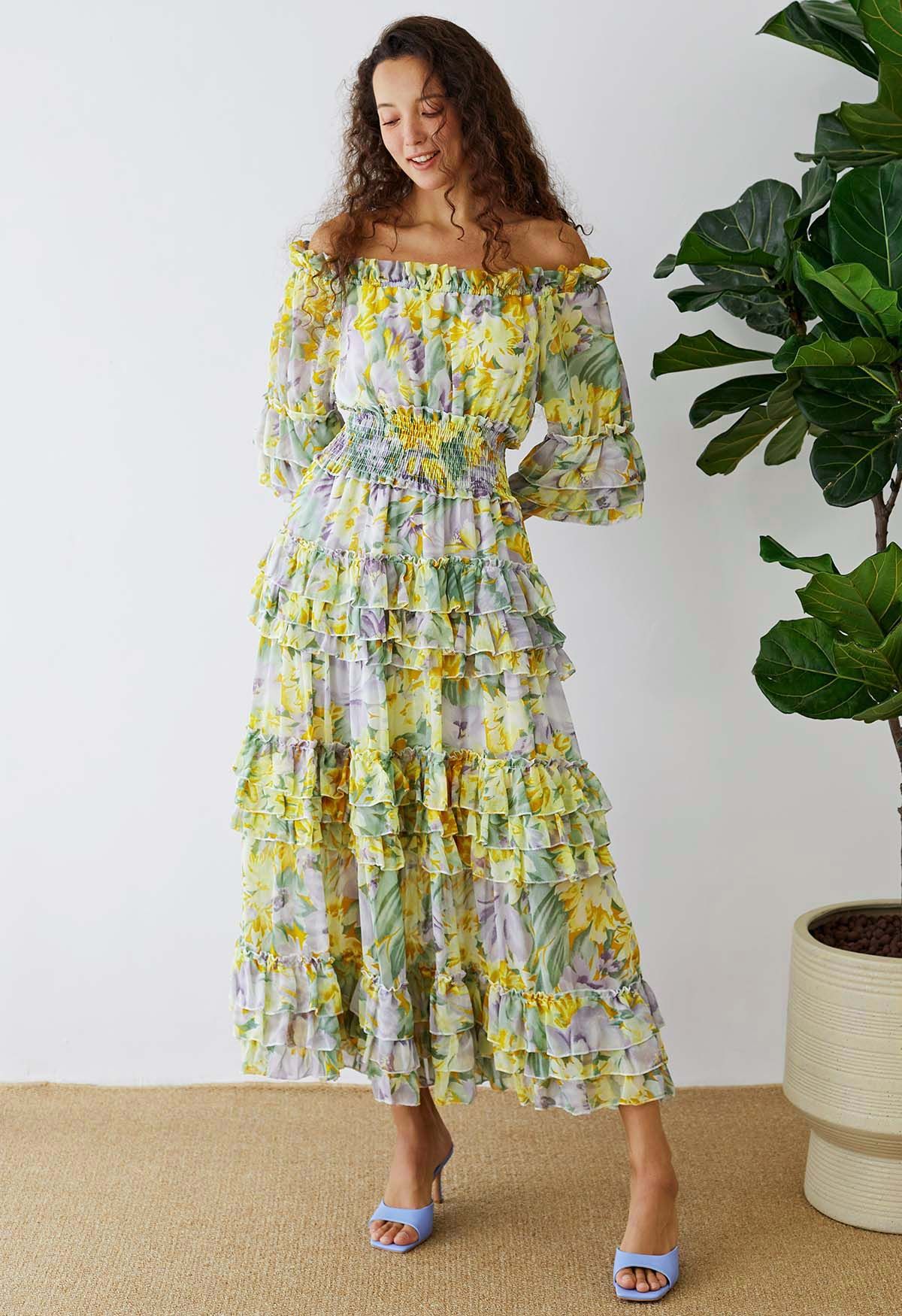 Tiered Ruffle Floral Off-Shoulder Chiffon Maxi Dress in Yellow