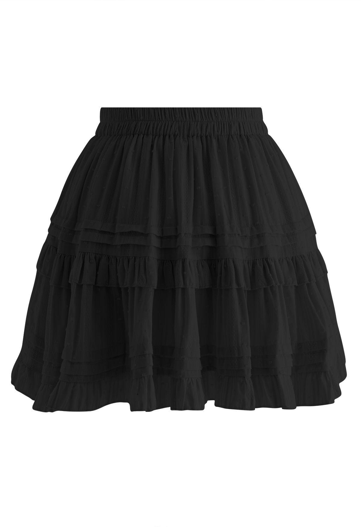 Flock Dot Tiered Ruffle Mini Skirt in Black