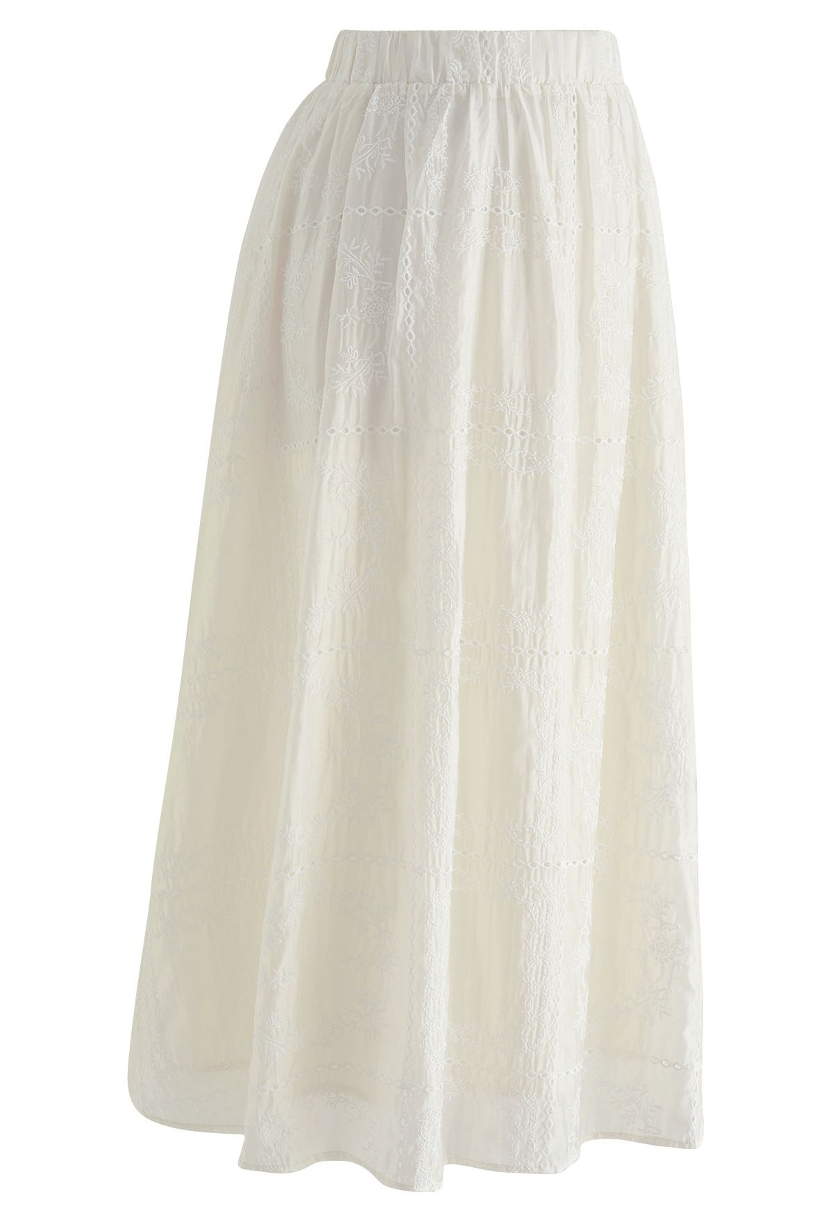 Branch Embroidery Checked Maxi Skirt in Cream