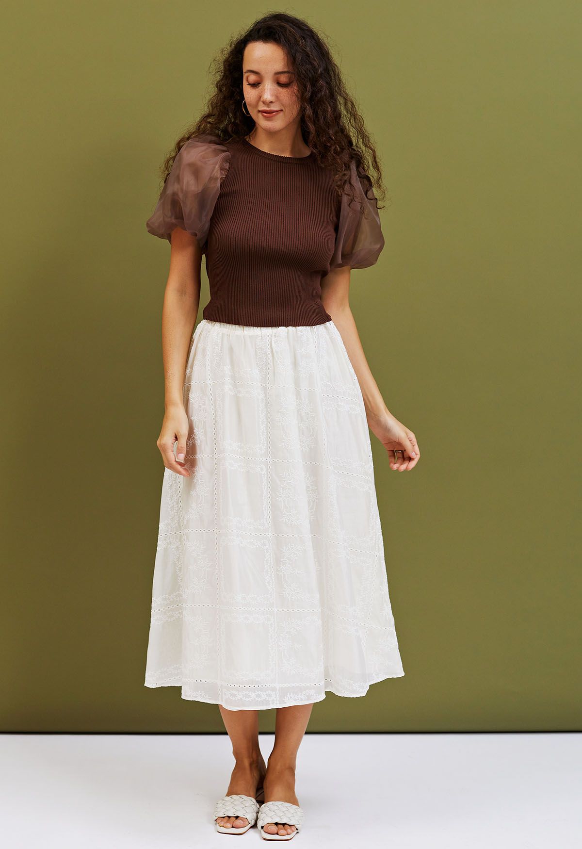 Branch Embroidery Checked Maxi Skirt in Cream
