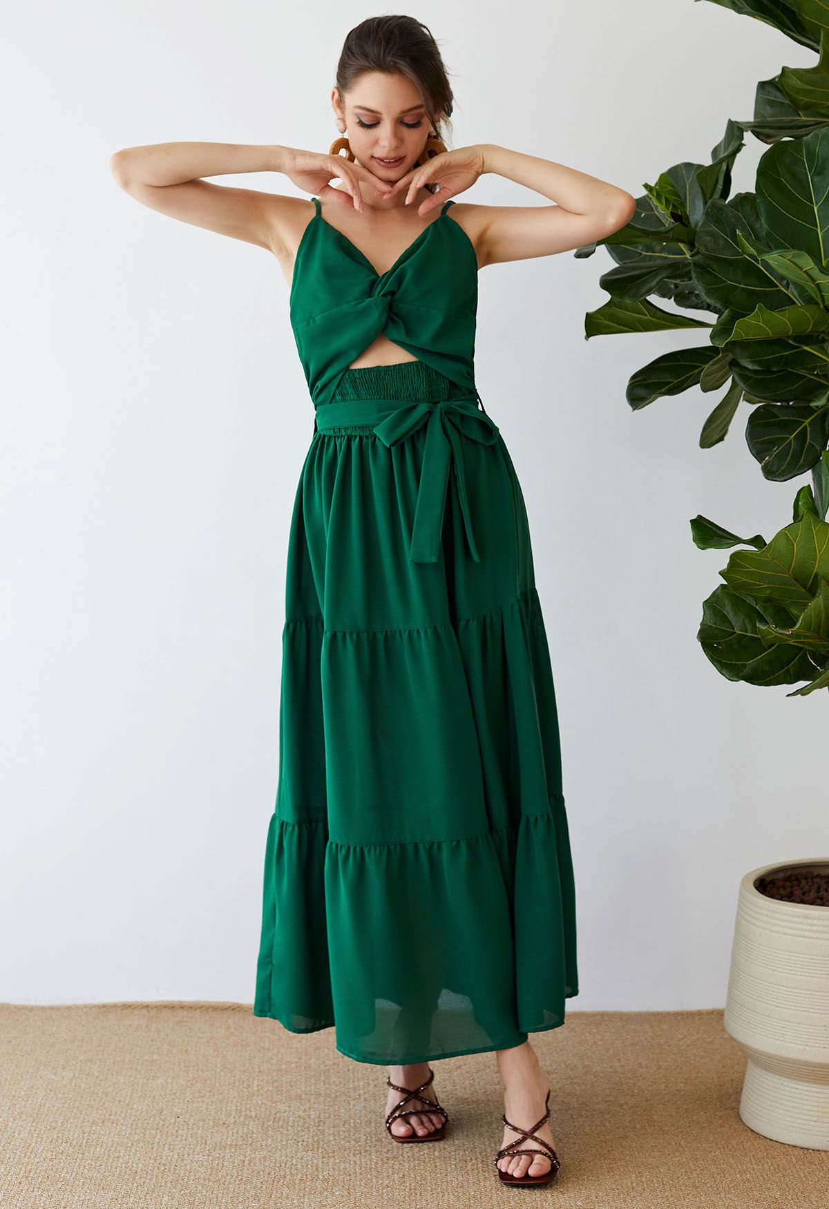 Twist Cutout Shirred Cami Maxi Dress in Green