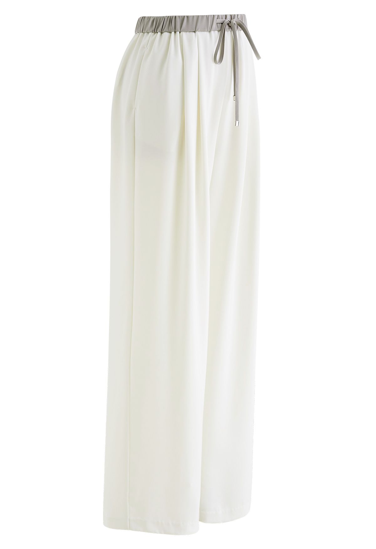 Contrast Waist Satin Pleated Straight-Leg Pants in Cream