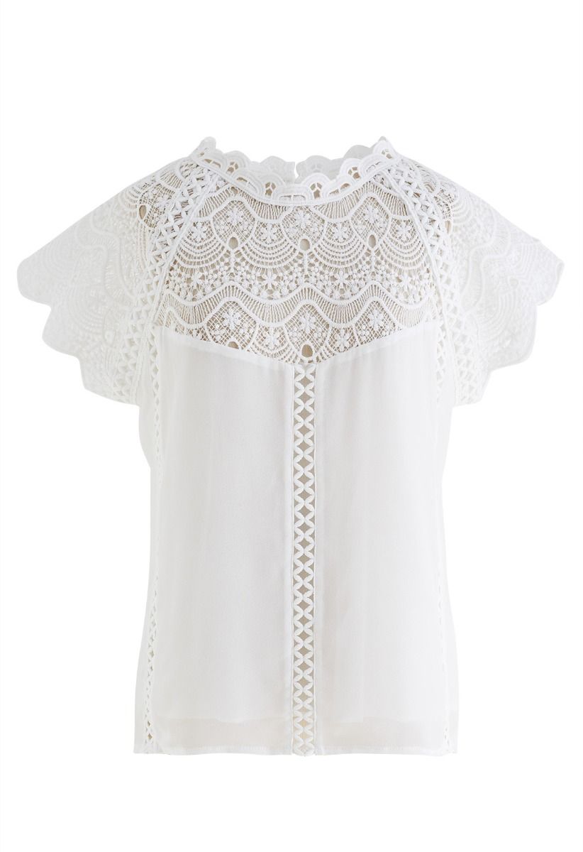 Scallop Lace Panelled Chiffon Top in White