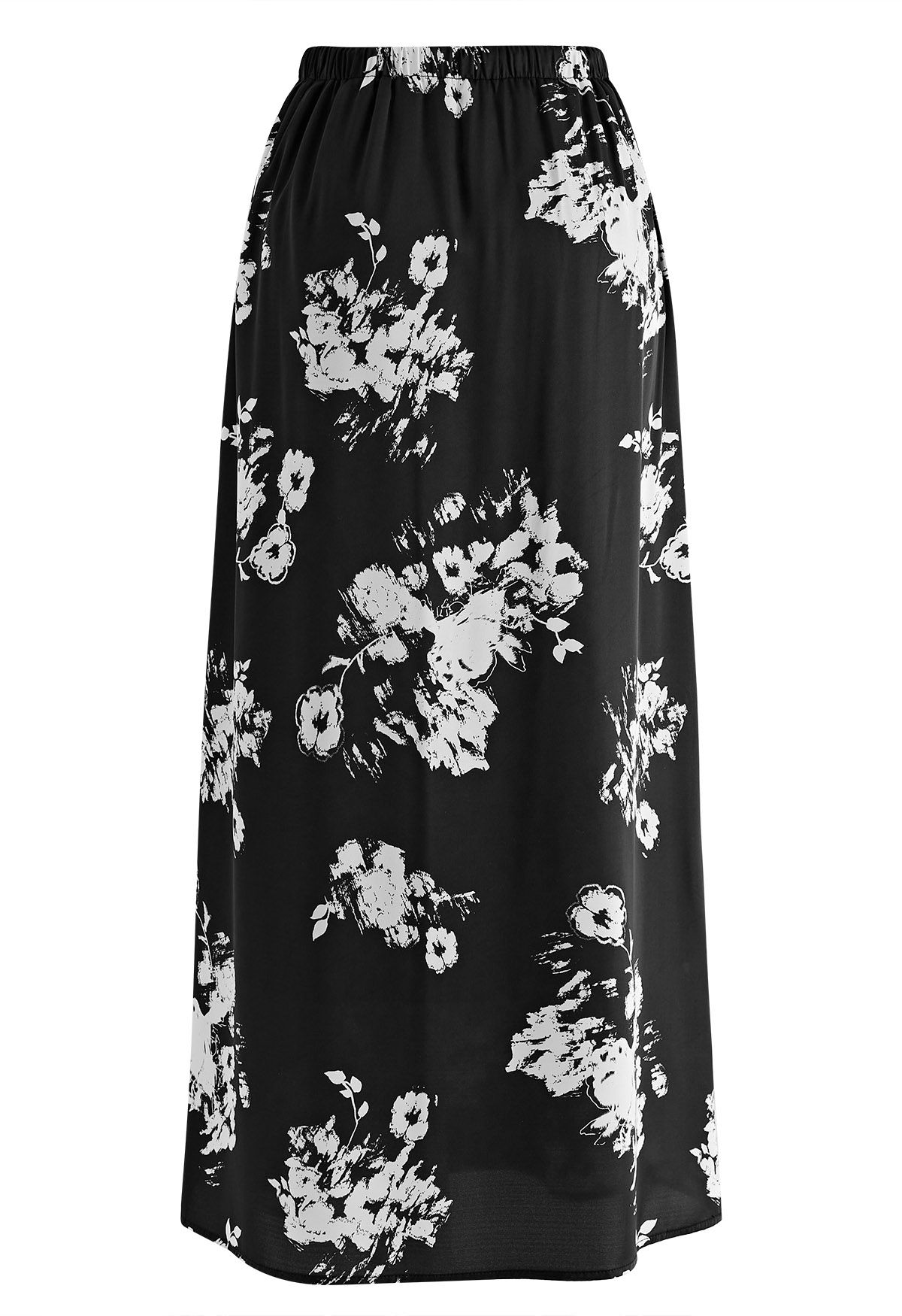 Elastic Drawstring Waist Floral Satin Maxi Skirt