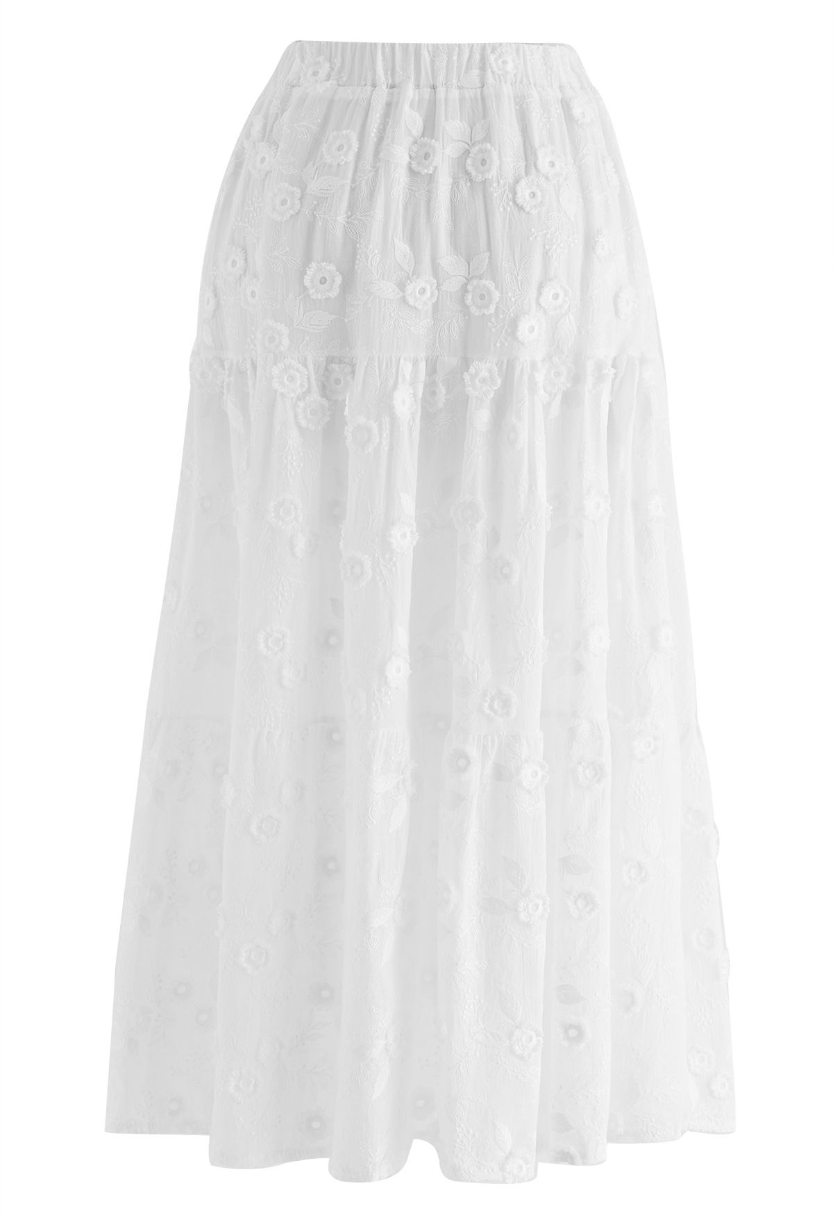 Tasseled Florets Embroidered Midi Skirt in White