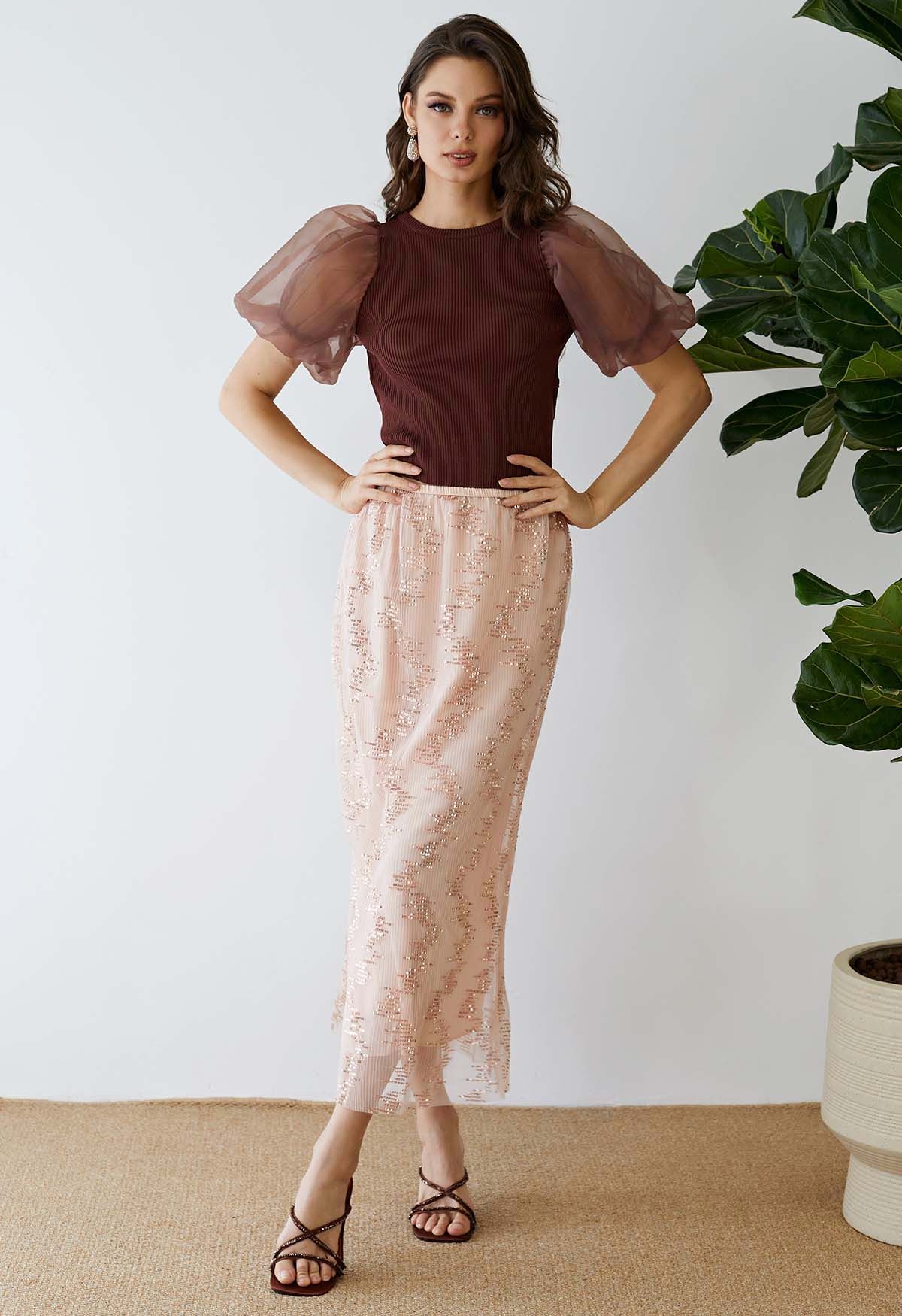 Sequin Embellished Mesh Maxi Skirt in Blush