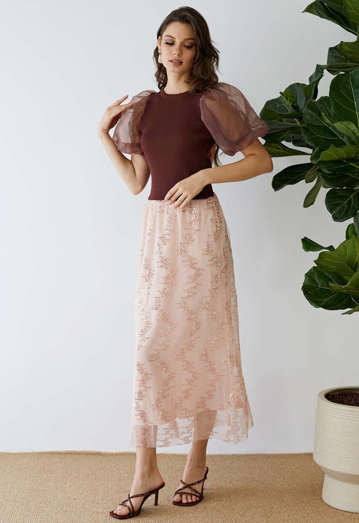 Sequin Embellished Mesh Maxi Skirt in Blush