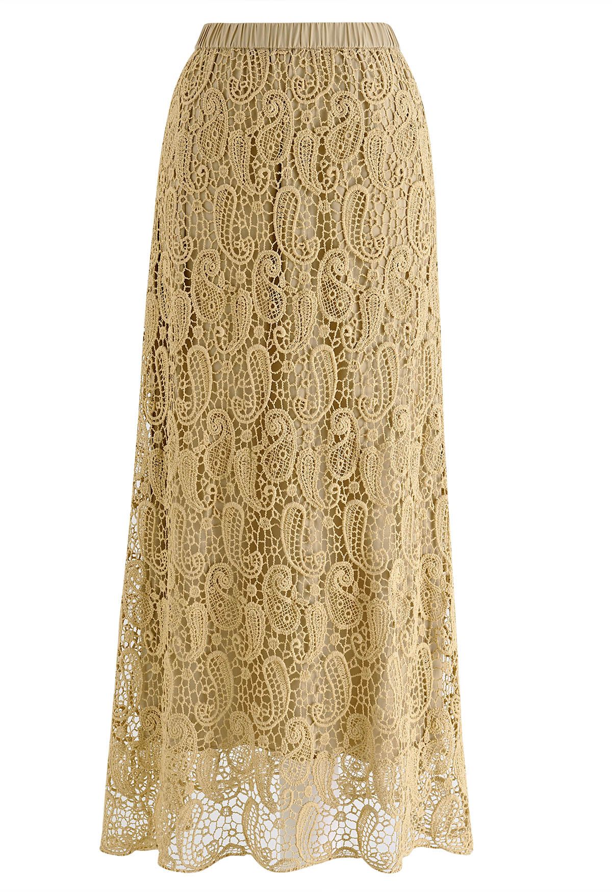 Paisley Cutwork Lace Maxi Skirt in Tan